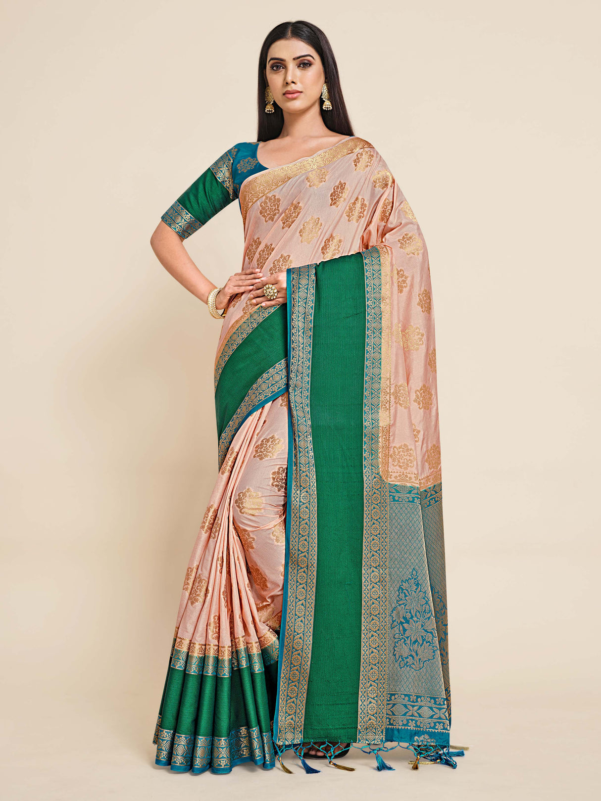 Mimosa Womens Art Silk Saree Kanjivaram Peach Color