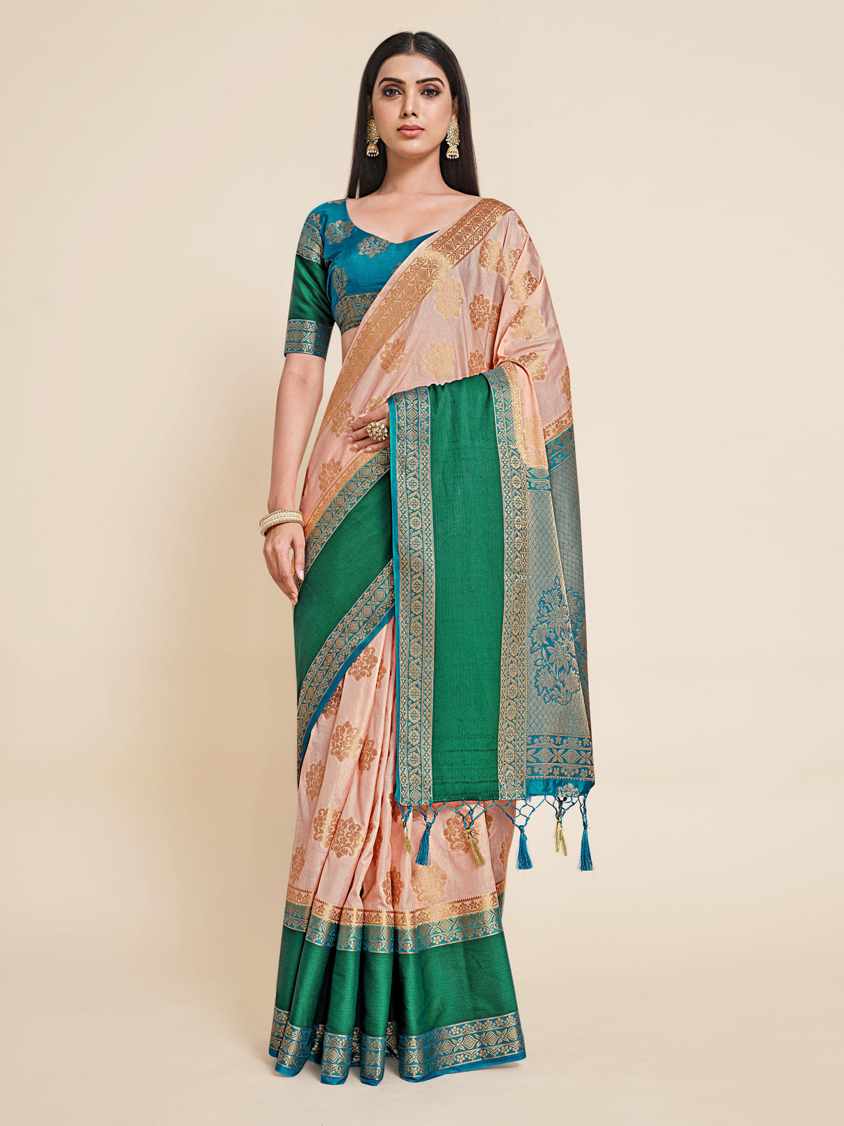 Mimosa Womens Art Silk Saree Kanjivaram Peach Color