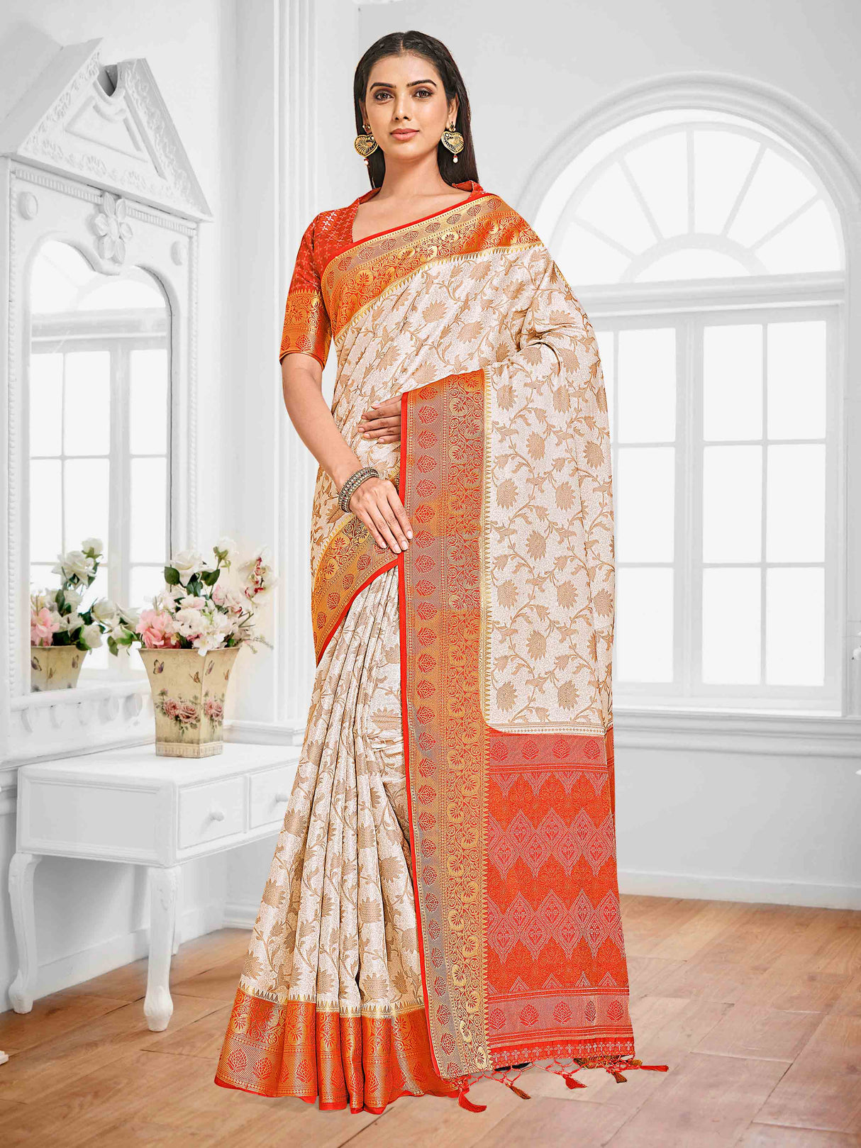 Mimosa Womens Art Silk Saree Kanjivaram Halfwhite Color