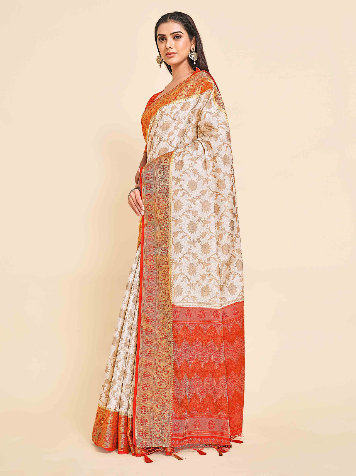 Mimosa Womens Art Silk Saree Kanjivaram Halfwhite Color
