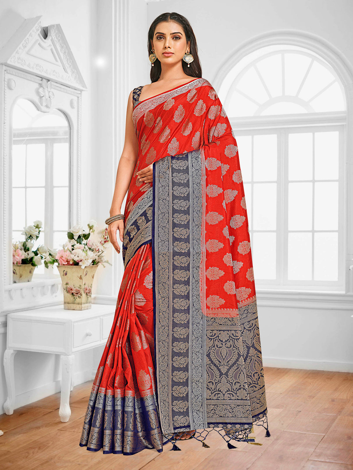 Mimosa Womens Art Silk Saree Kanjivaram Red Color