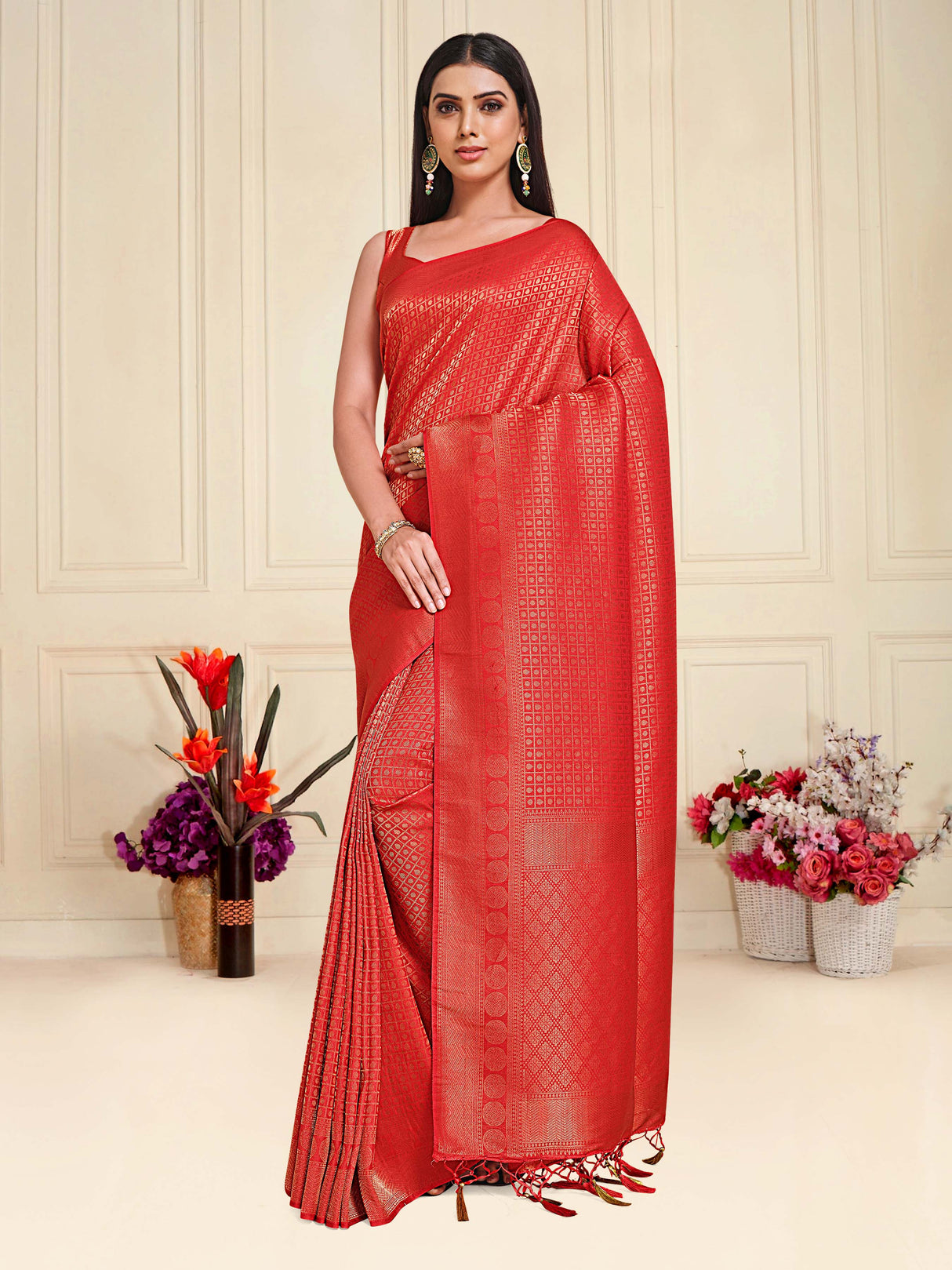 Mimosa Womens Art Silk Saree Kanjivaram Red Color