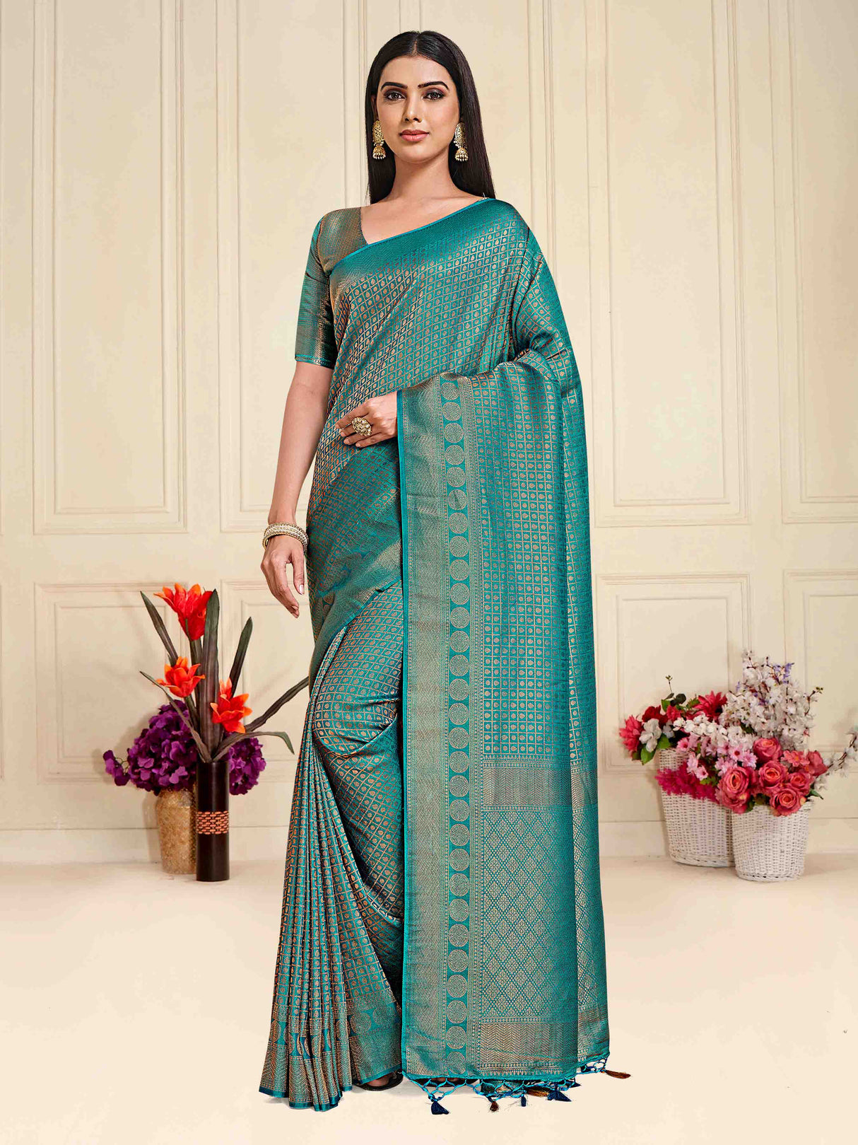 Mimosa Womens Art Silk Saree Kanjivaram Saffire Color