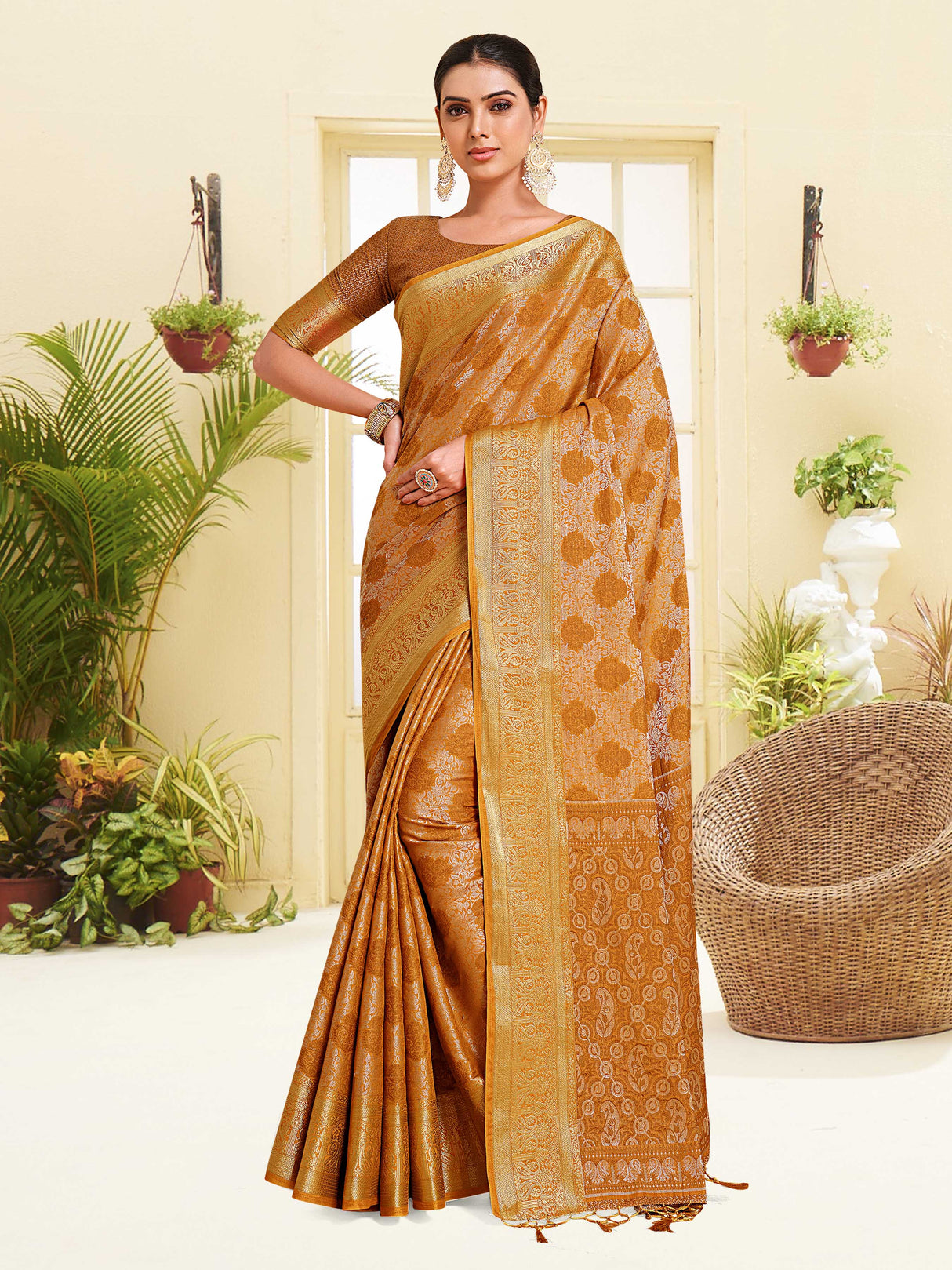 Mimosa Womens Art Silk Saree Kanjivaram Mustard Color