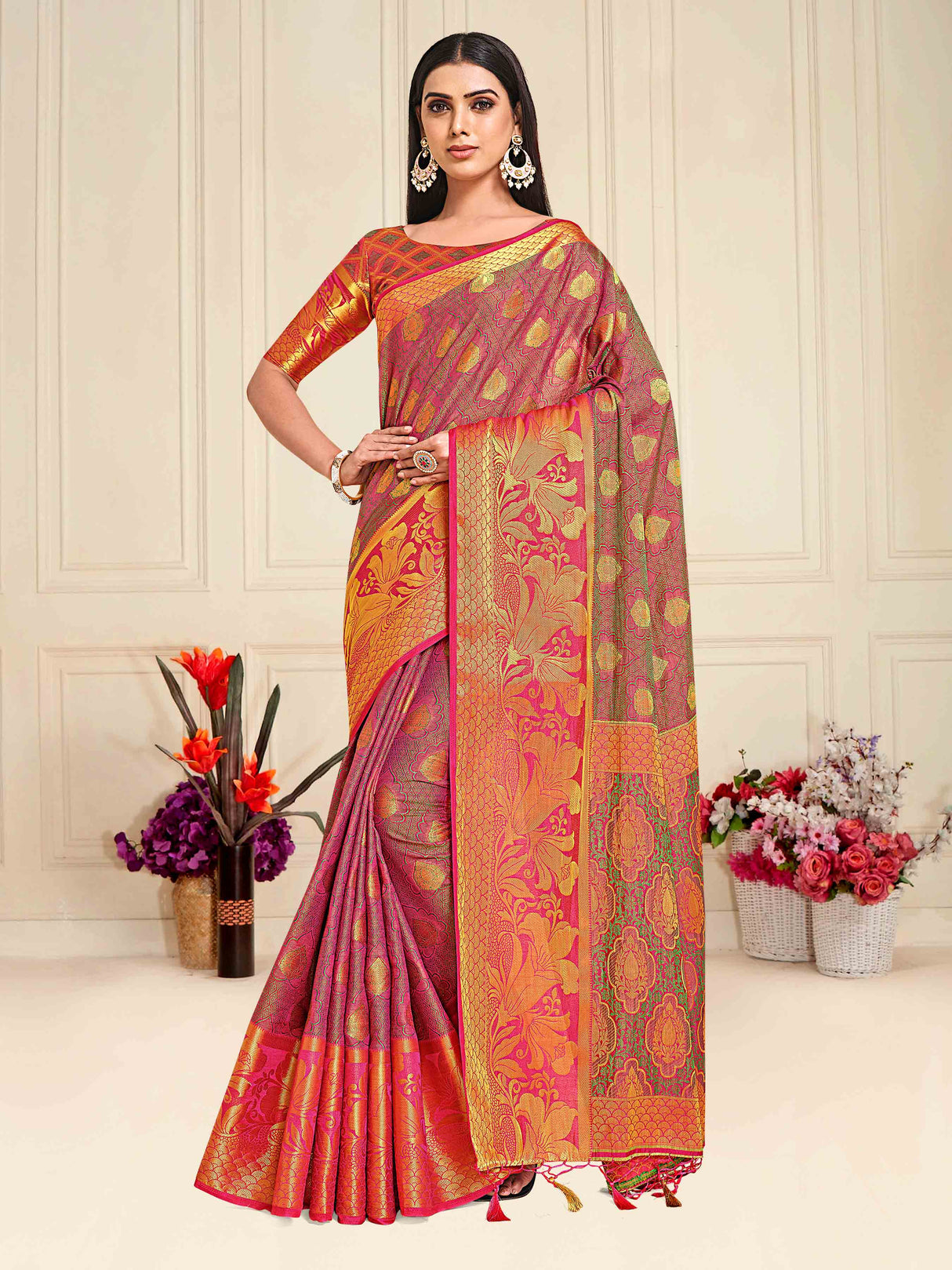 Mimosa Womens Art Silk Saree Kanjivaram Rani Color