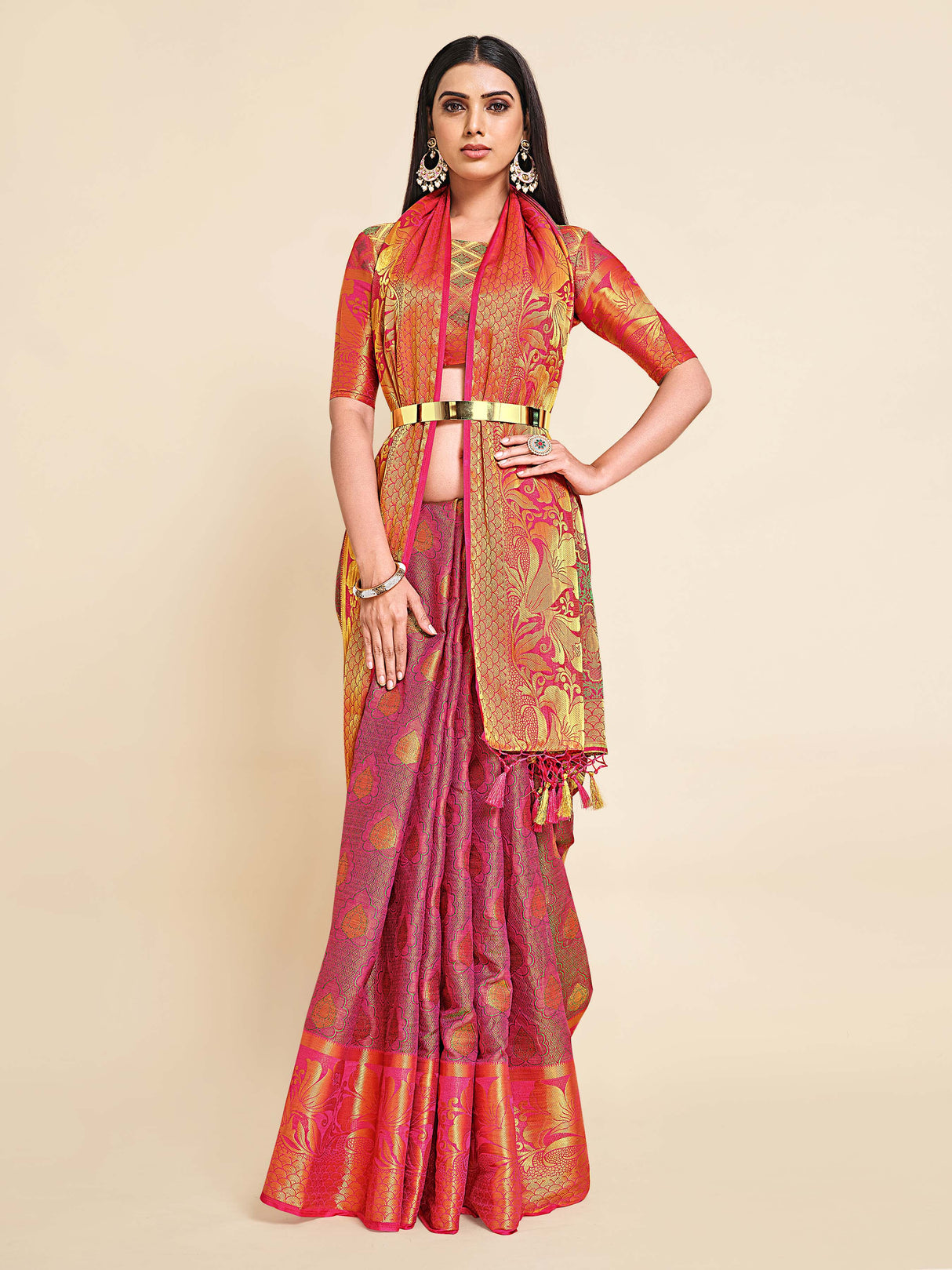 Mimosa Womens Art Silk Saree Kanjivaram Rani Color