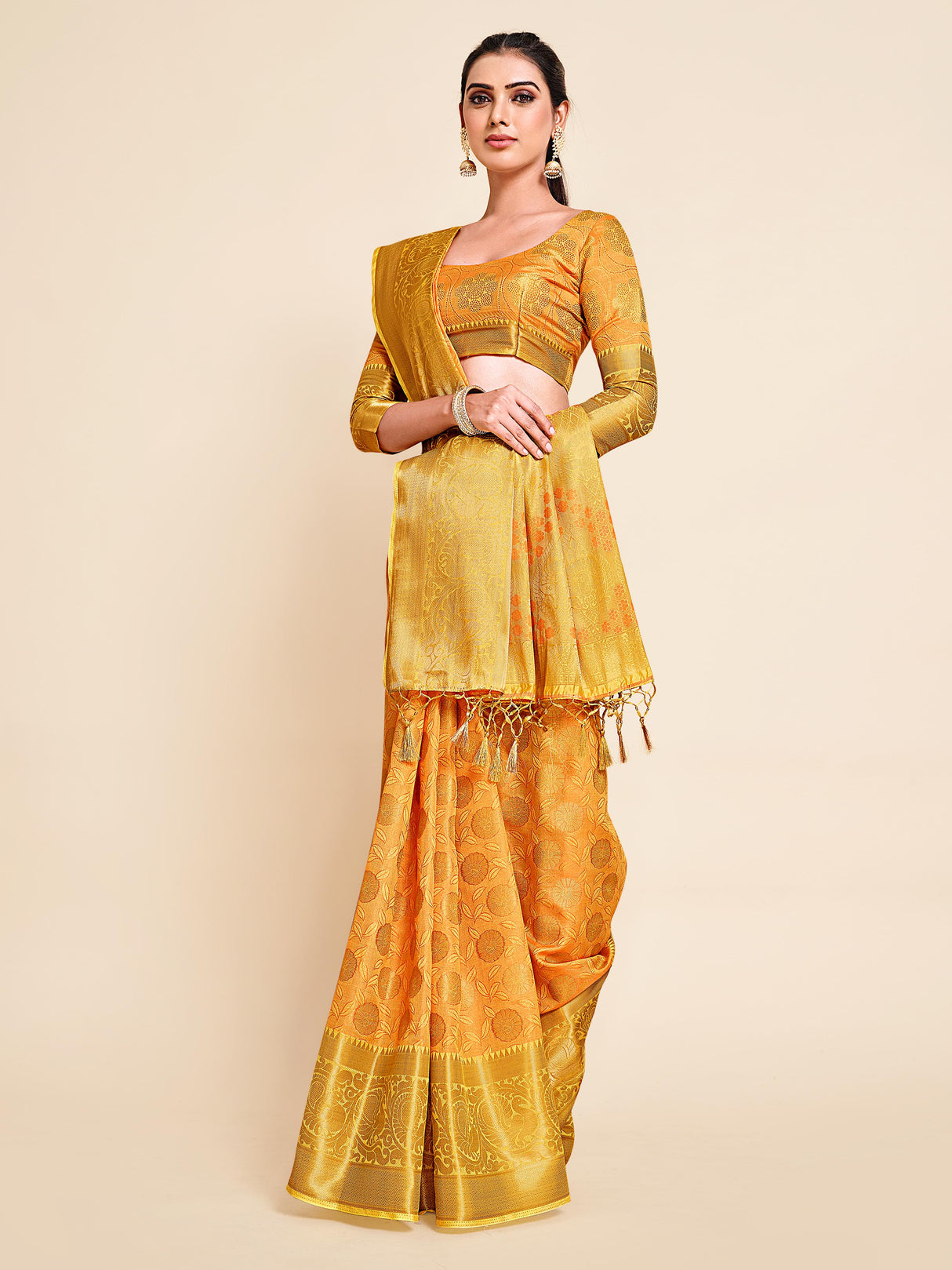 Mimosa Womens Art Silk Saree Kanjivaram Yellow Color