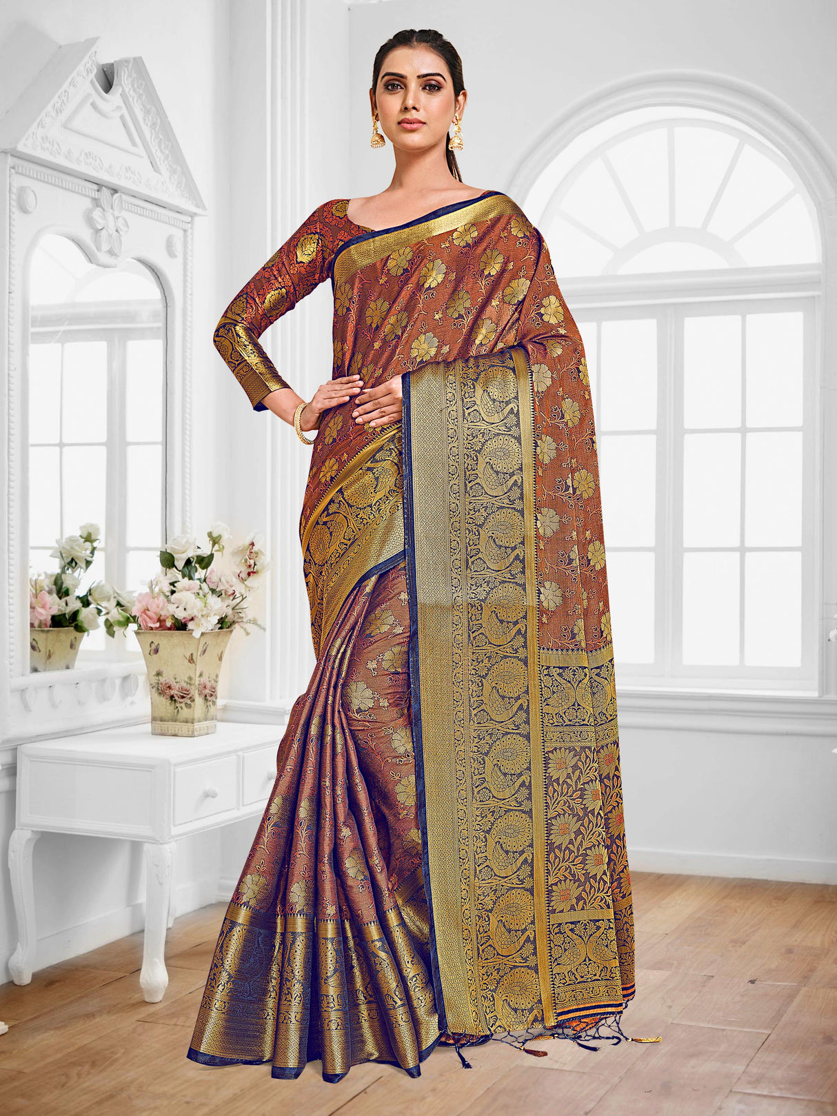 Mimosa Womens Art Silk Saree Kanjivaram Navy Blue Color