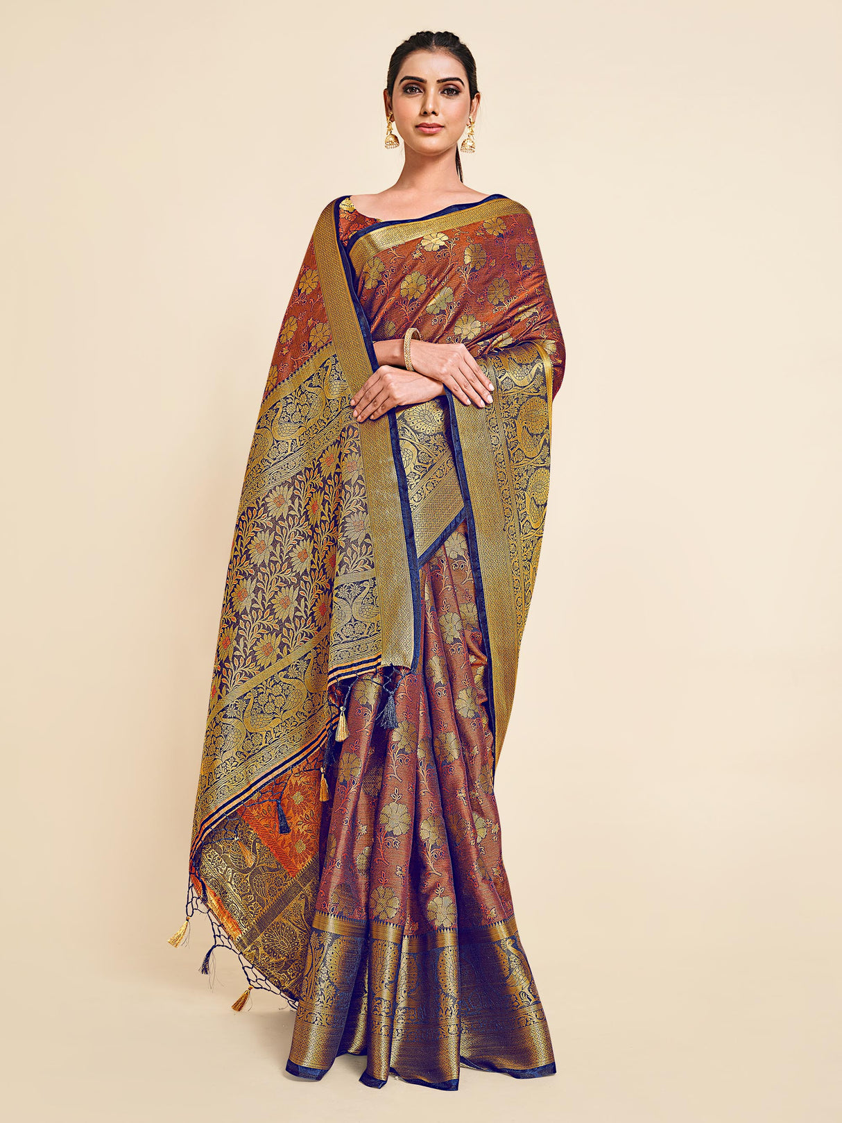 Mimosa Womens Art Silk Saree Kanjivaram Navy Blue Color