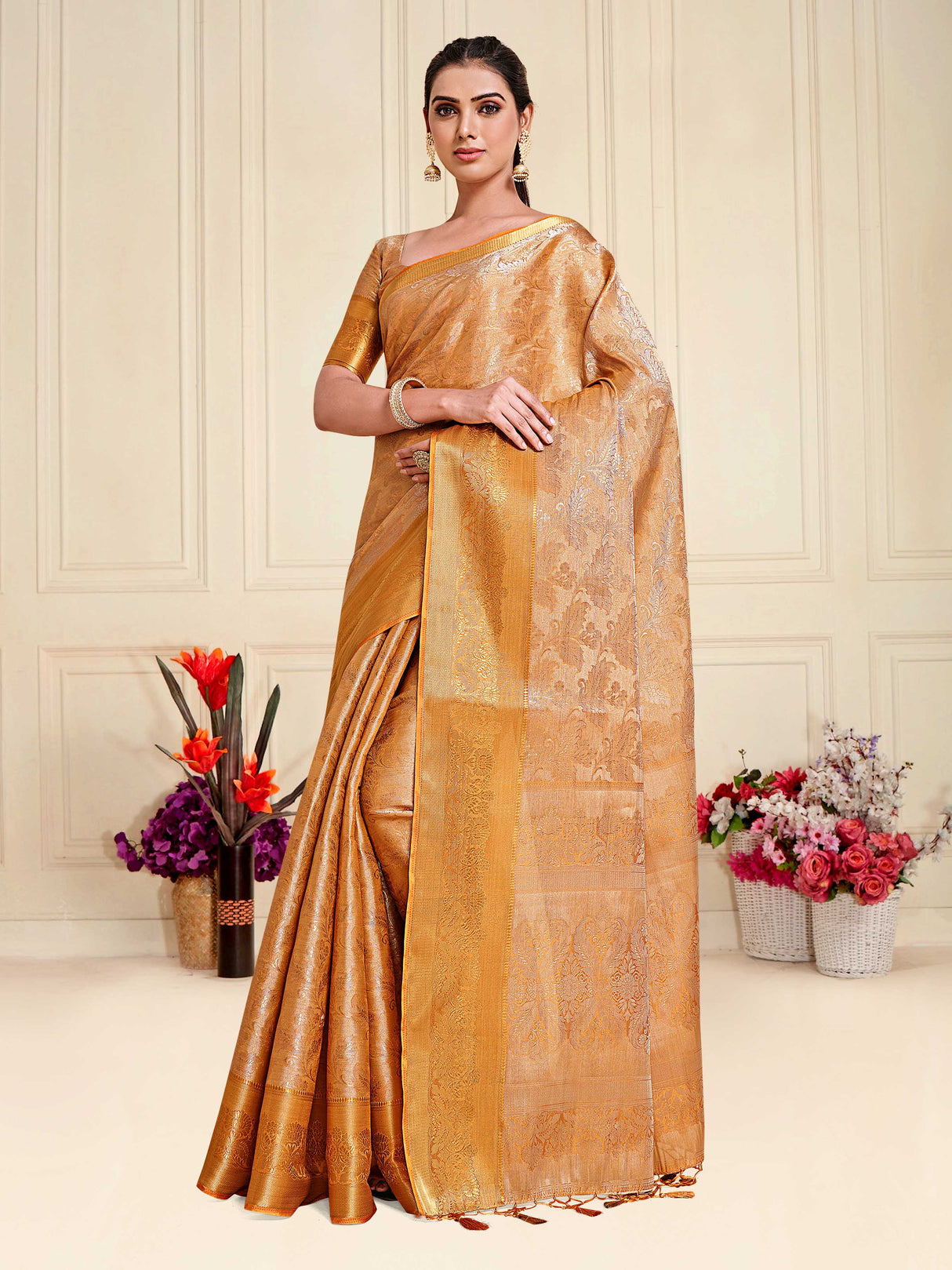 Mimosa Womens Art Silk Saree Kanjivaram Mustard Color