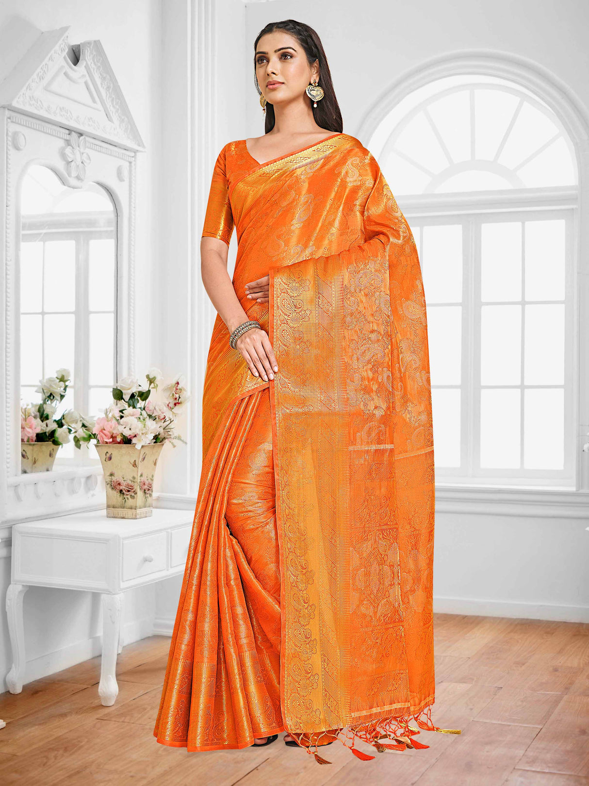 Mimosa Womens Art Silk Saree Kanjivaram Orange Color