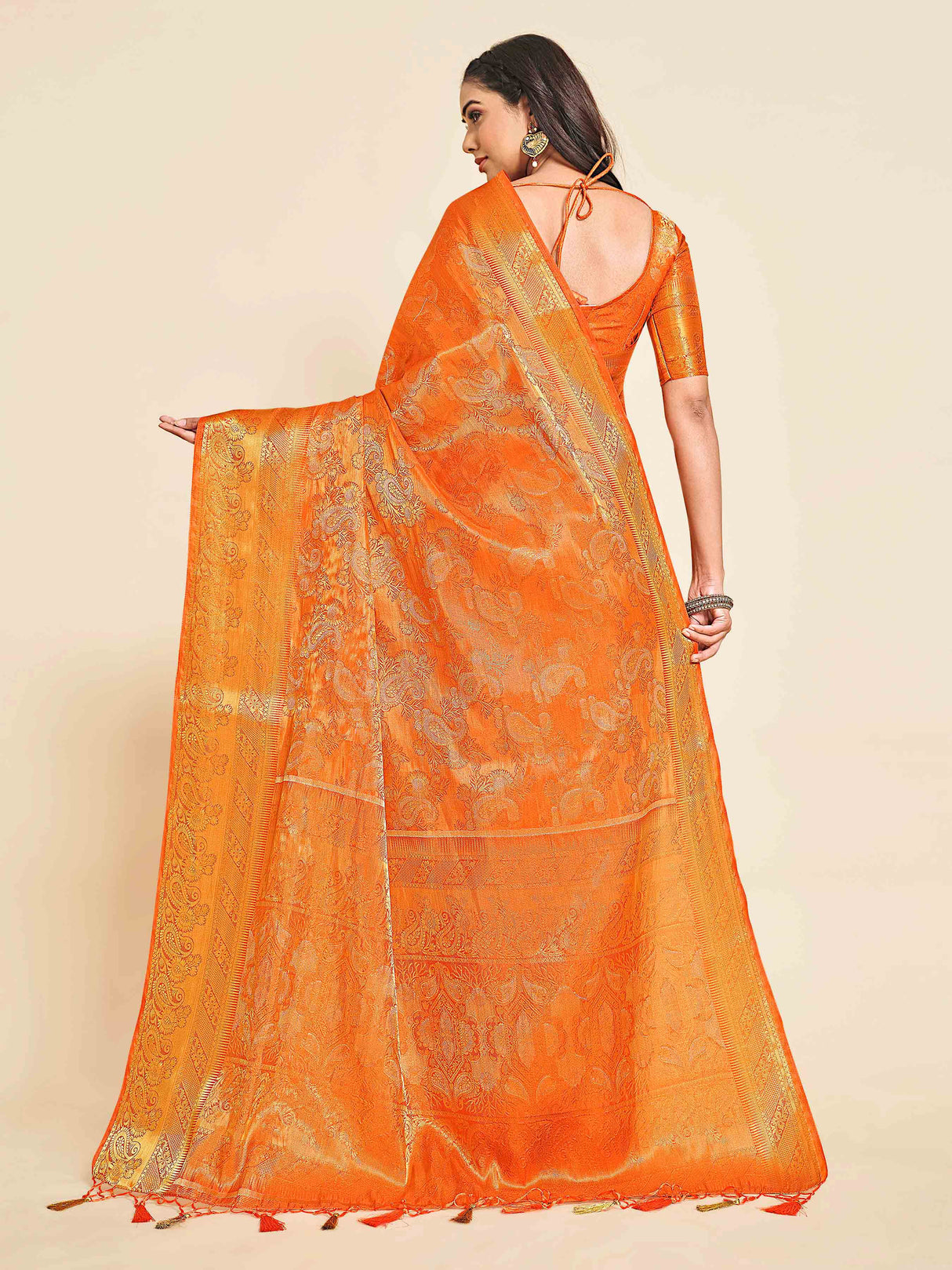 Mimosa Womens Art Silk Saree Kanjivaram Orange Color