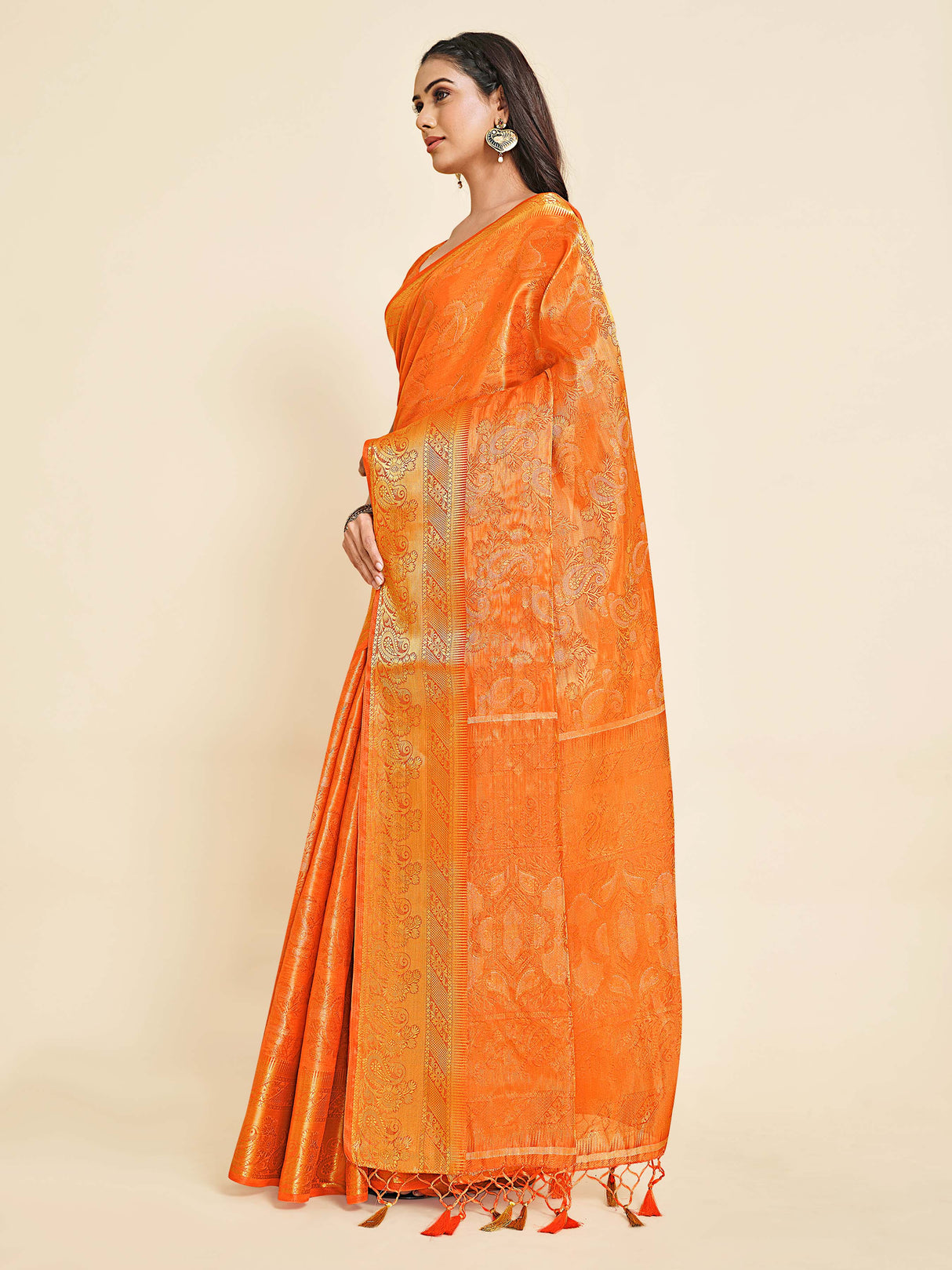 Mimosa Womens Art Silk Saree Kanjivaram Orange Color