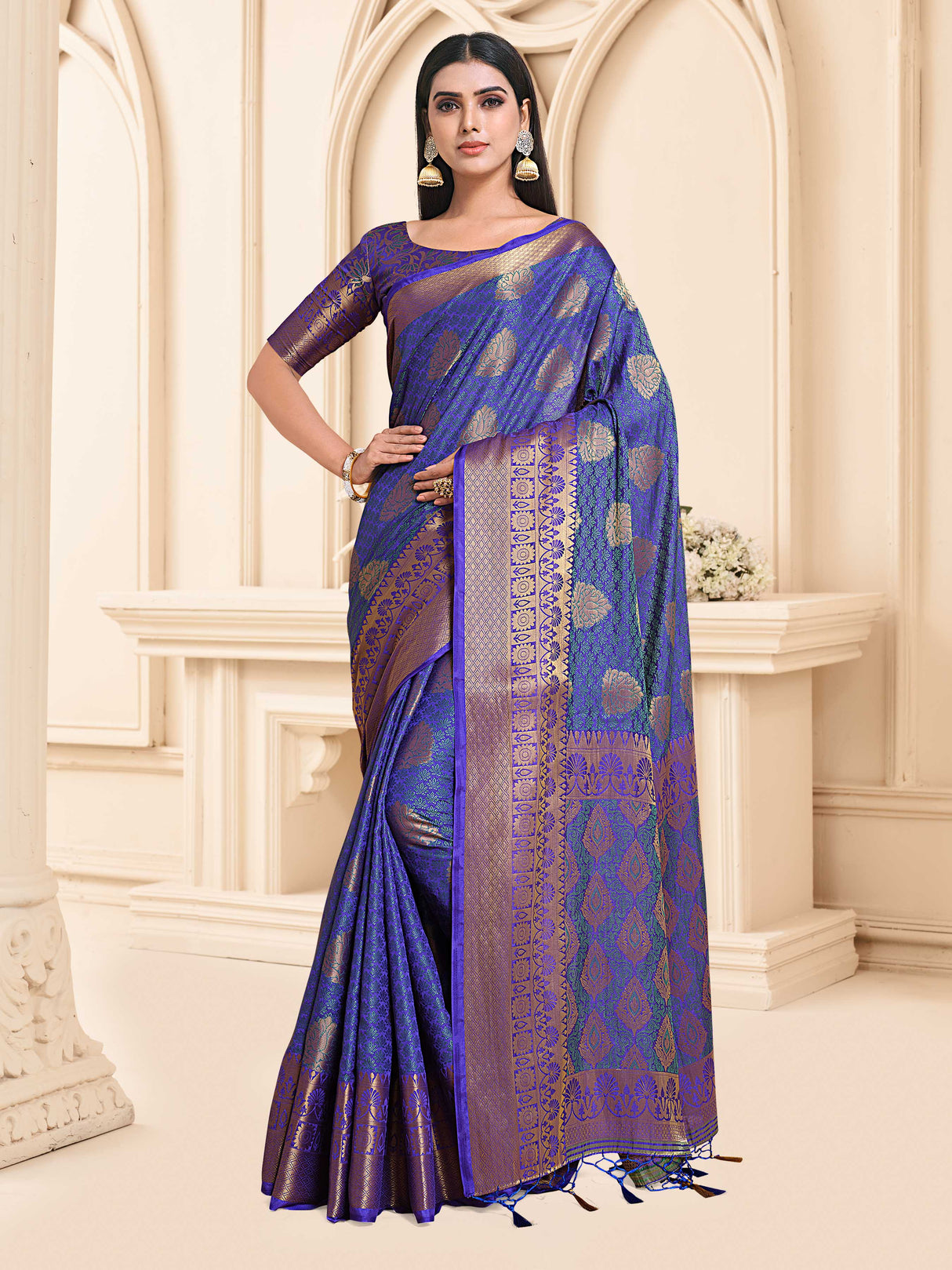 Mimosa Womens Art Silk Saree Kanjivaram Royal Blue Color