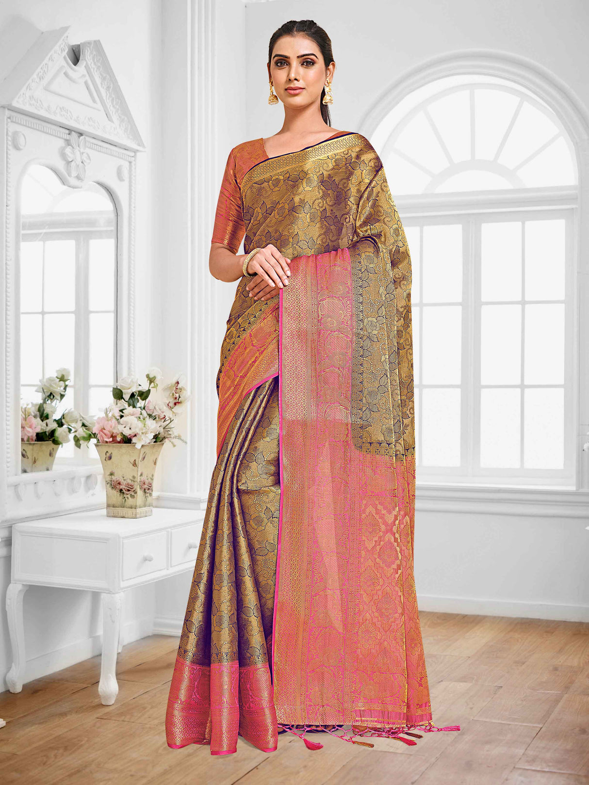 Mimosa Womens Art Silk Saree Kanjivaram Navy Blue Color