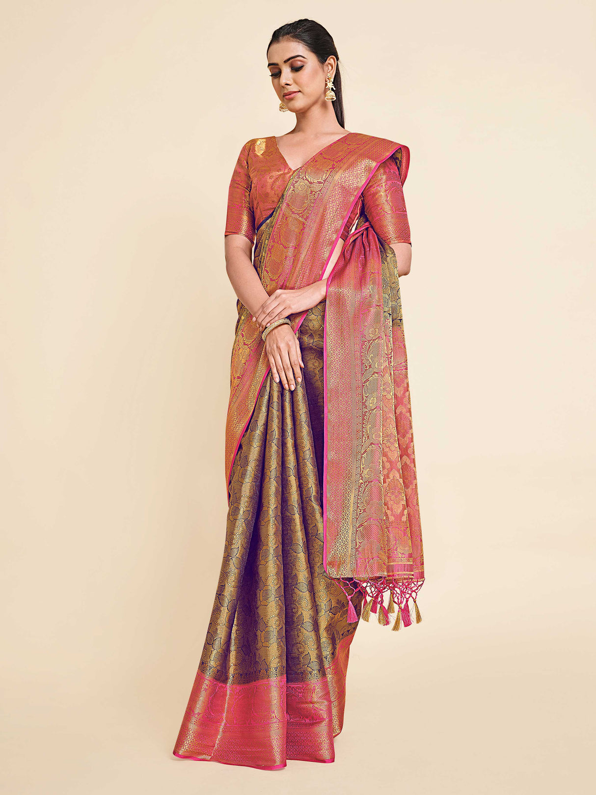 Mimosa Womens Art Silk Saree Kanjivaram Navy Blue Color