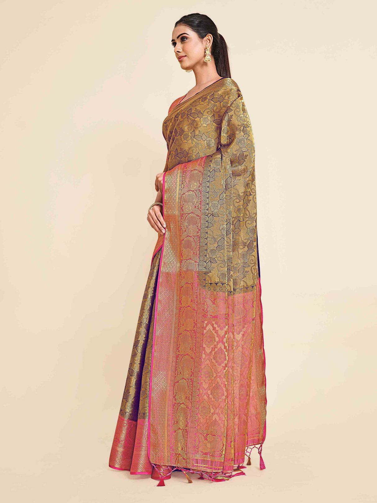 Mimosa Womens Art Silk Saree Kanjivaram Navy Blue Color