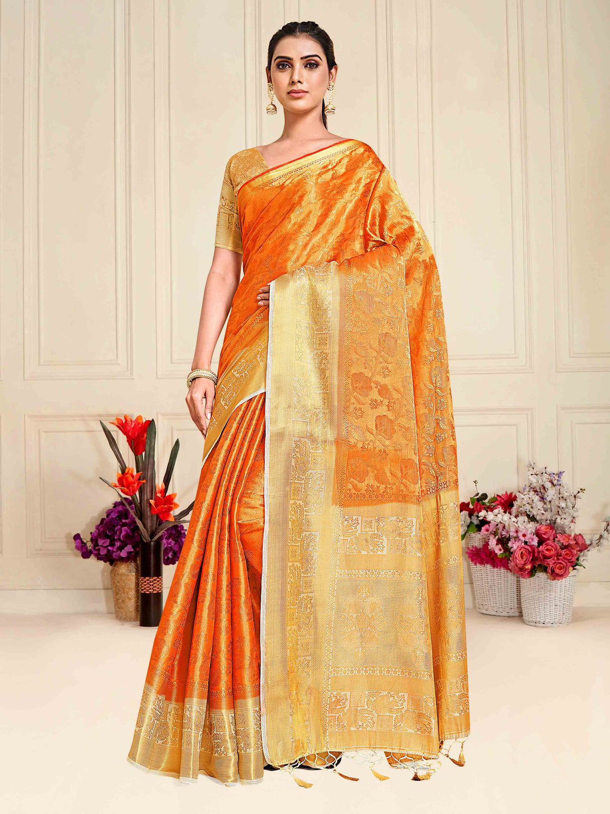 Mimosa Womens Art Silk Saree Kanjivaram Orange Color