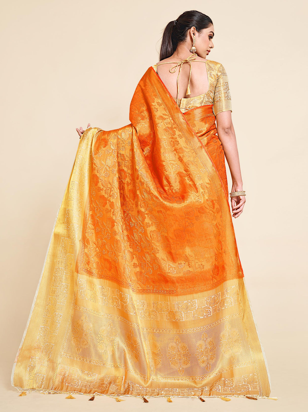 Mimosa Womens Art Silk Saree Kanjivaram Orange Color