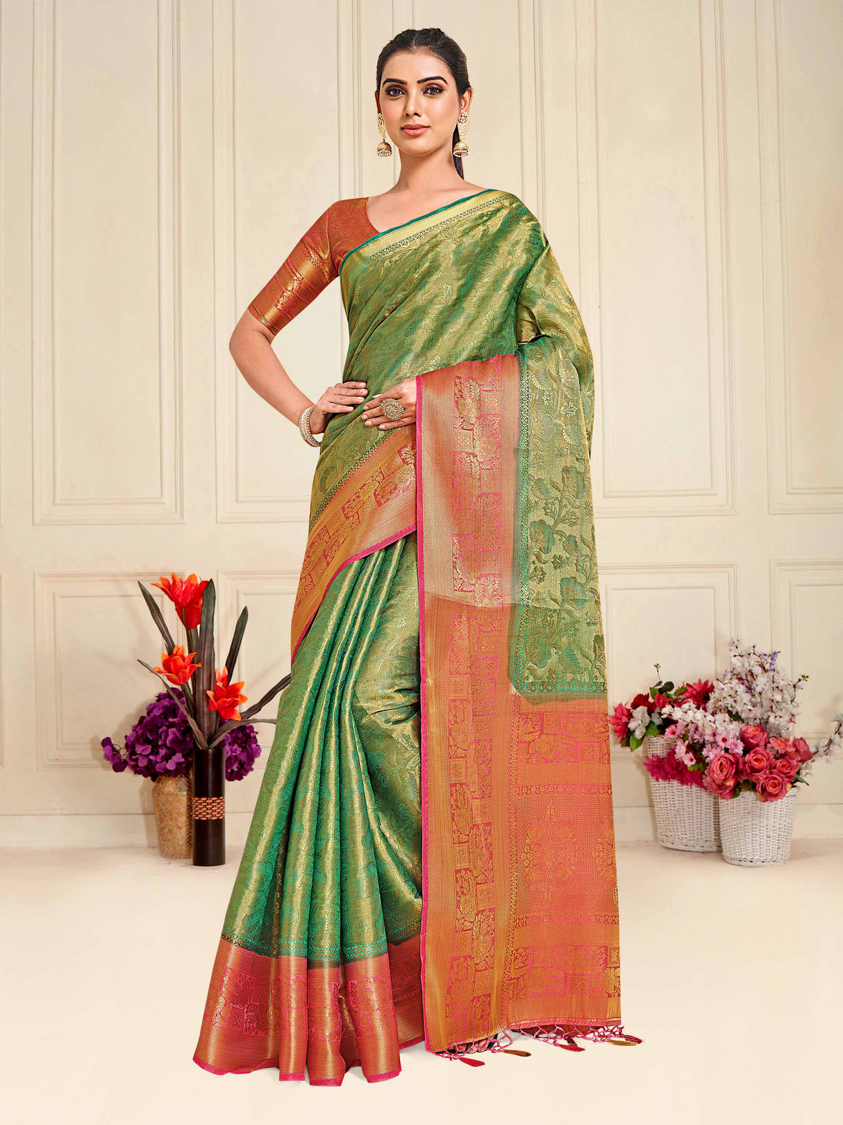 Mimosa Womens Art Silk Saree Kanjivaram Rama Color