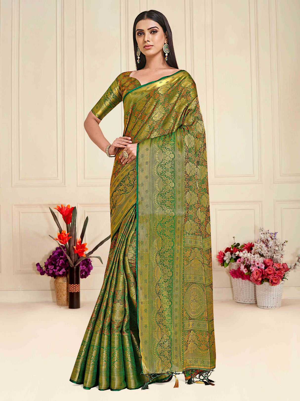 Mimosa Womens Art Silk Saree Kanjivaram Green Color