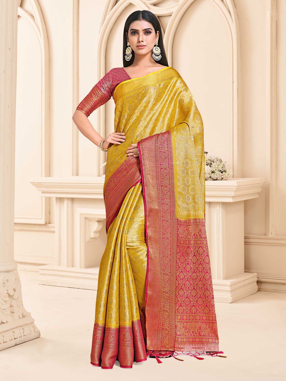 Mimosa Womens Art Silk Saree Kanjivaram Gold Color