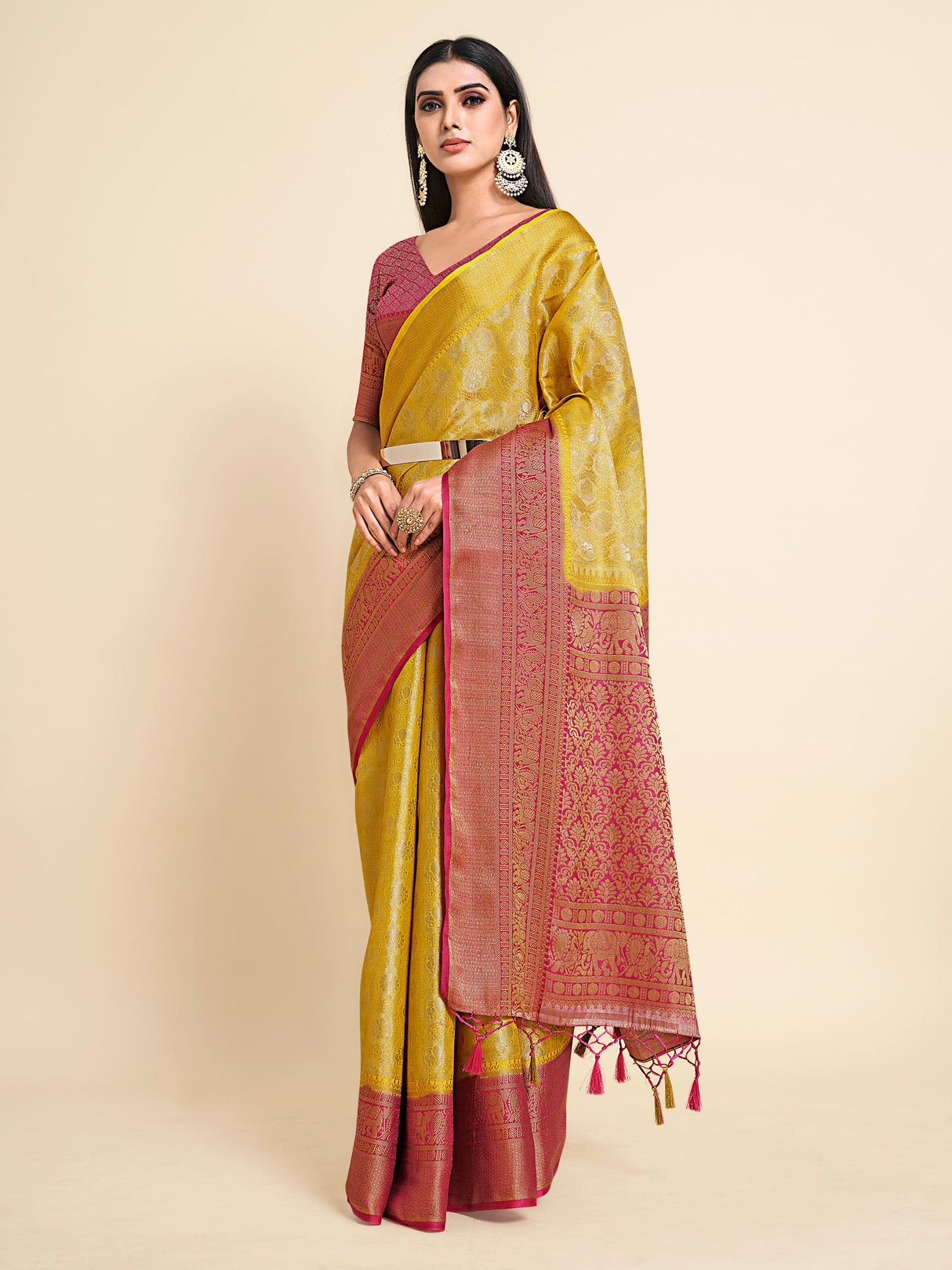 Mimosa Womens Art Silk Saree Kanjivaram Gold Color
