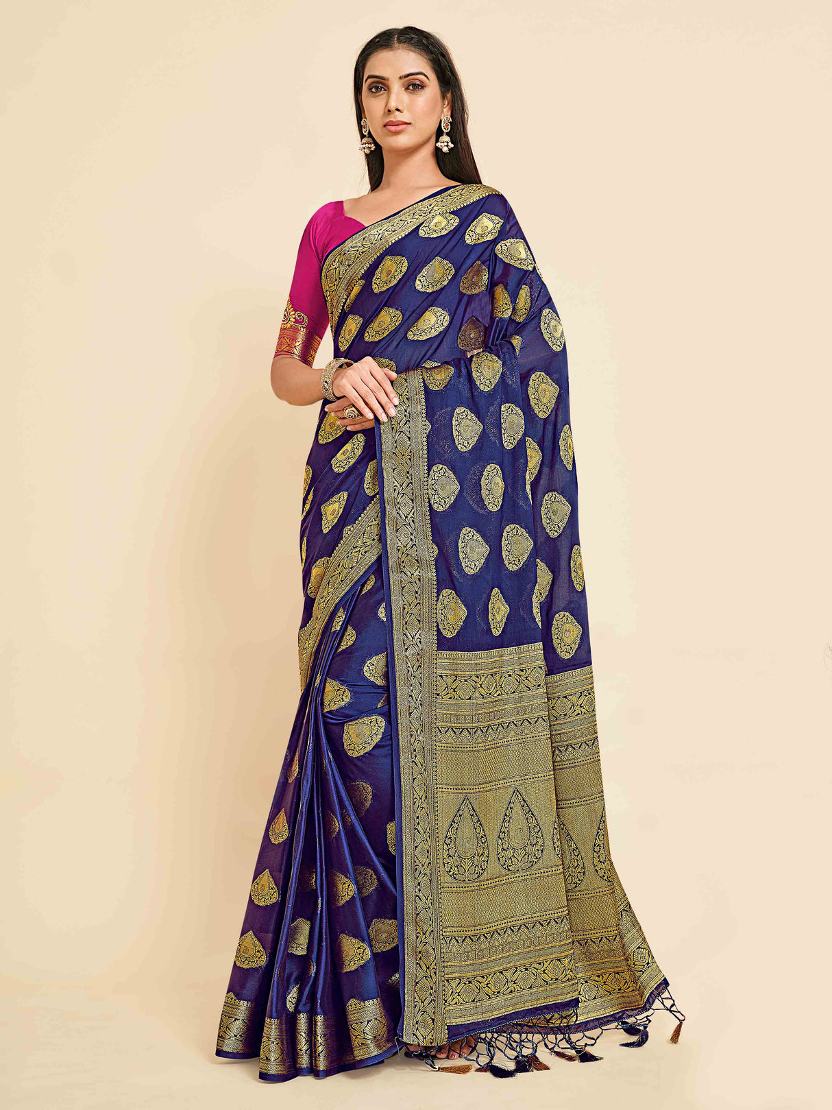 Mimosa Womens Crepe Saree Mysore Silk Navy Blue Color