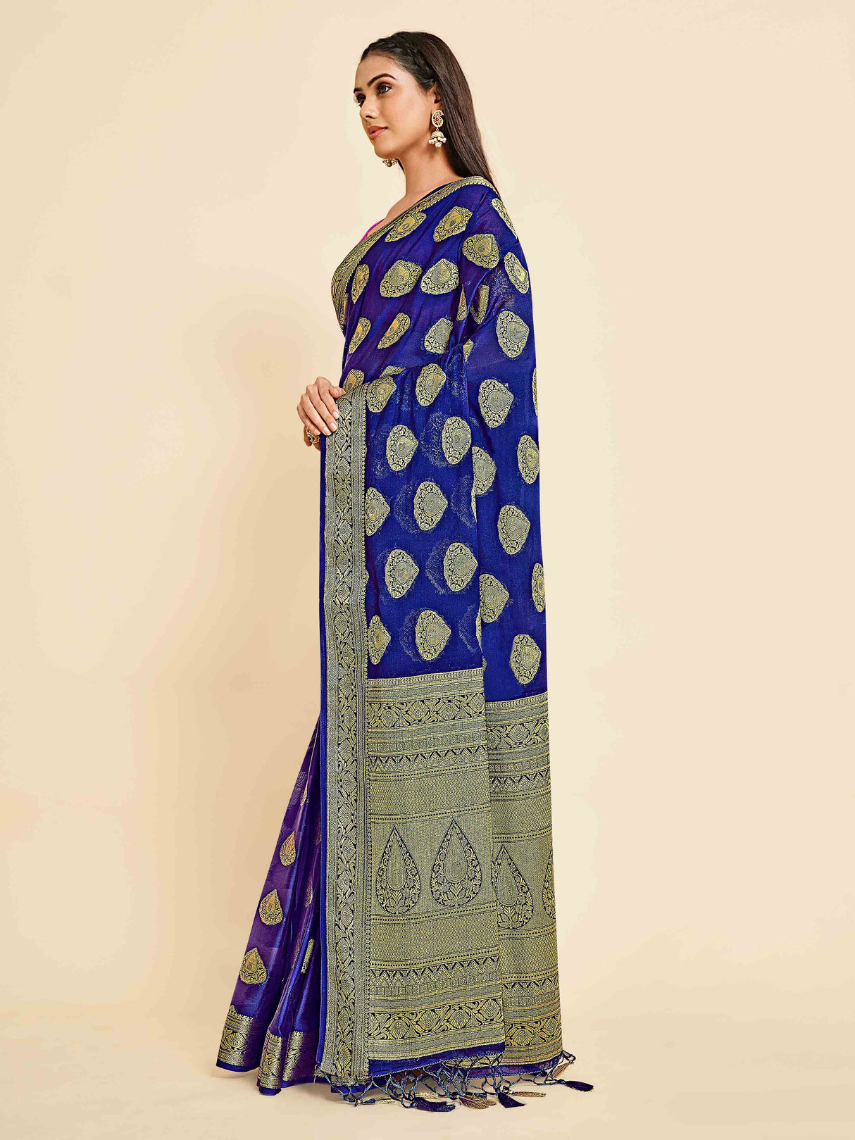 Mimosa Womens Crepe Saree Mysore Silk Navy Blue Color