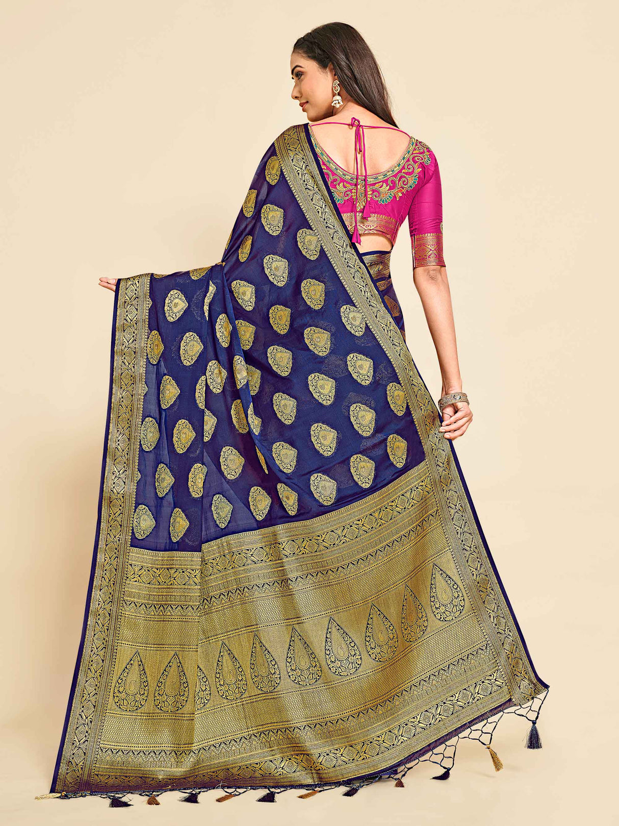 Mimosa Womens Crepe Saree Mysore Silk Navy Blue Color