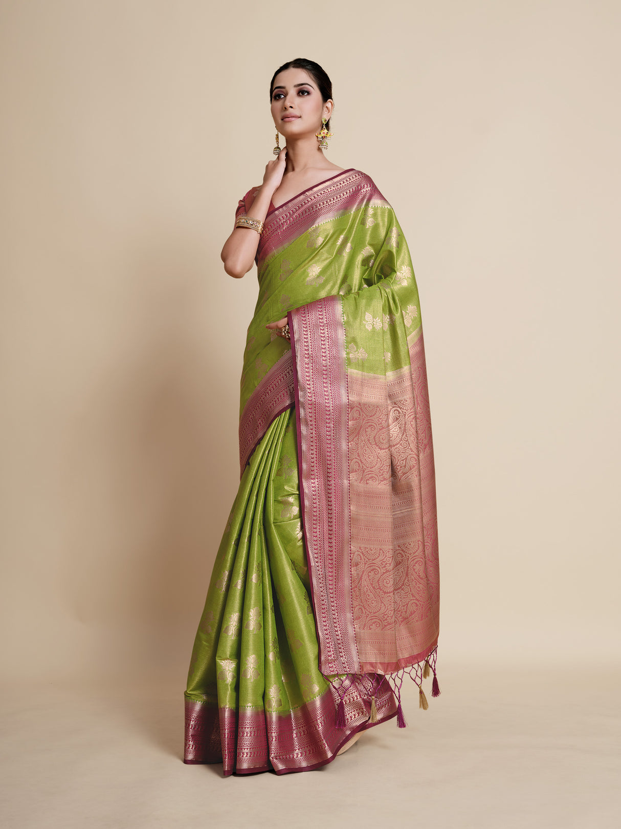 Mimosa Womens Art Silk Saree Kanjivaram Olive Color