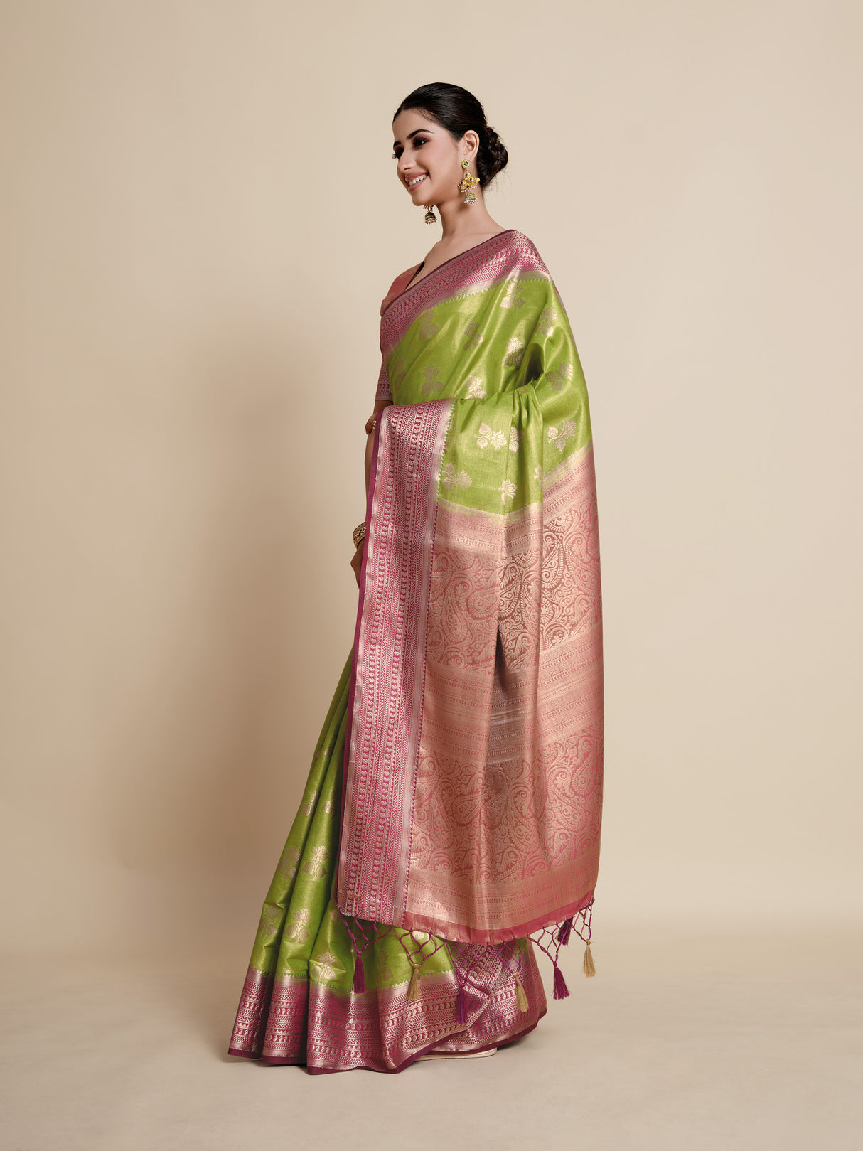 Mimosa Womens Art Silk Saree Kanjivaram Olive Color