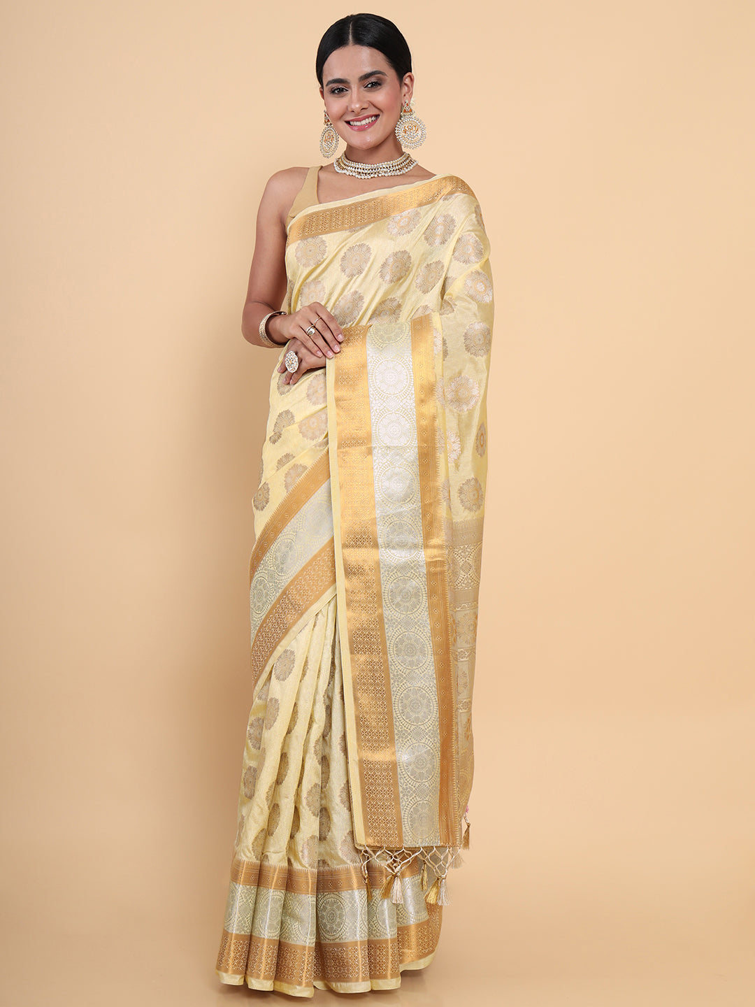 Mimosa Womens Art Silk Saree Kasavu Cream Color