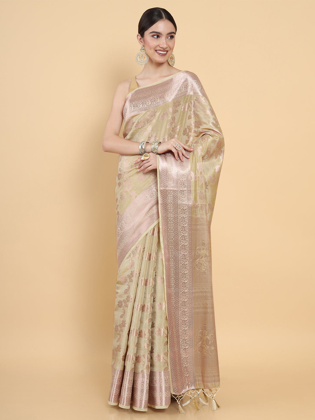 Mimosa Womens Art Silk Saree Kasavu Cream Color