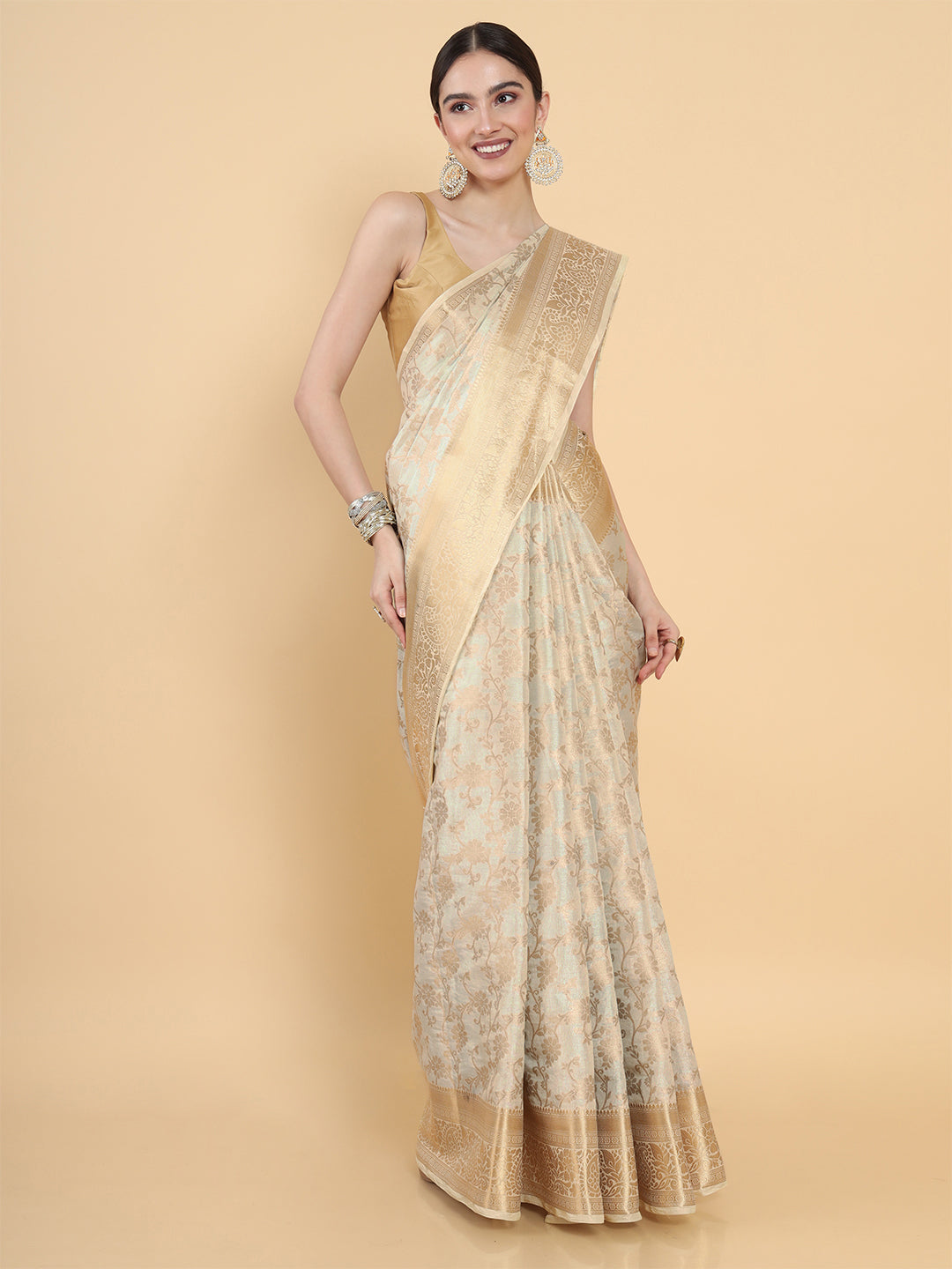 Mimosa Womens Art Silk Saree Kasavu Cream Color