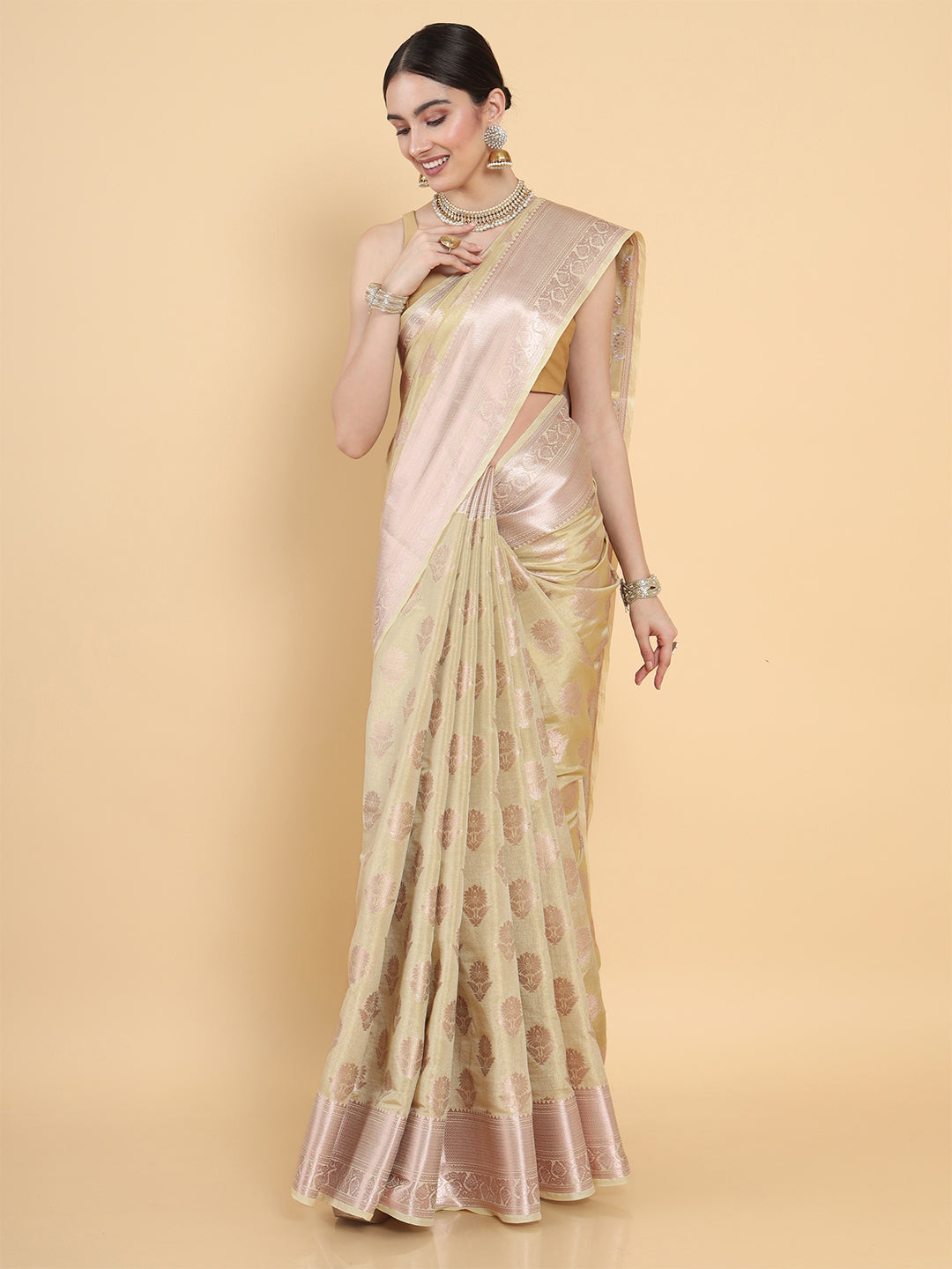Mimosa Womens Art Silk Saree Kasavu Cream Color