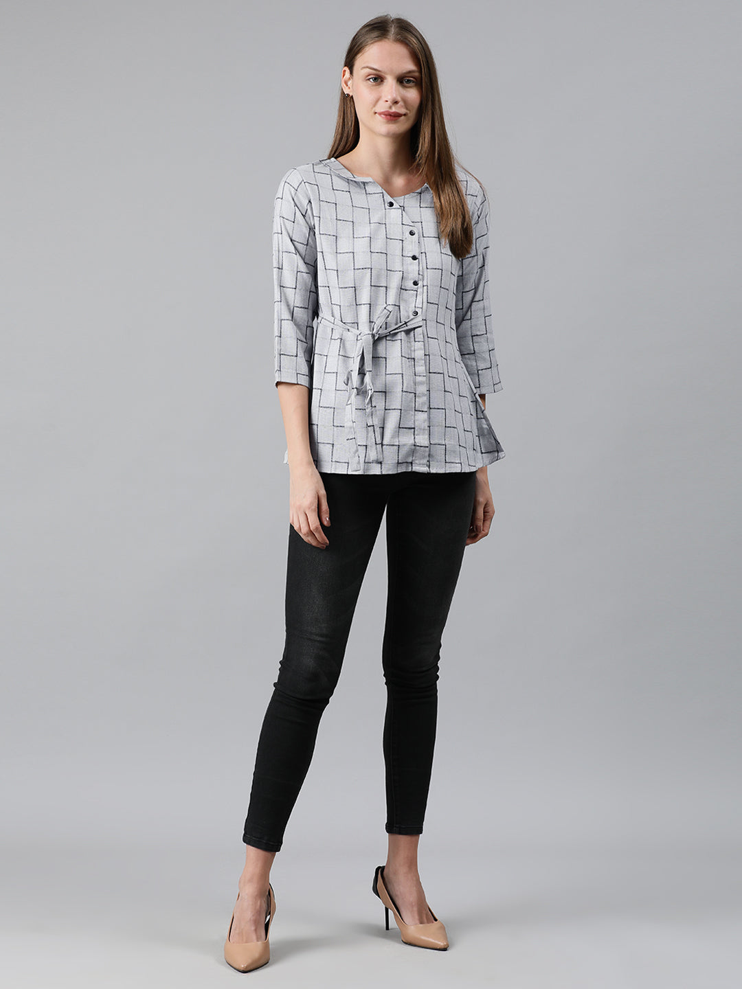 Mimosa Women Grey Checked Regular Top with Tie-Ups