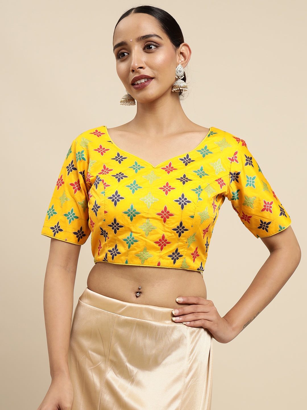 Mimosa WomenÊGold Woven Design Readymade Blouse