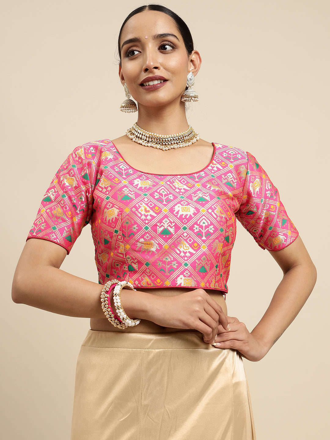 Mimosa WomenÊPink Woven Design Readymade Blouse