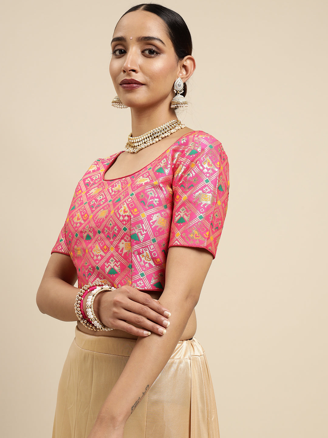 Mimosa WomenÊPink Woven Design Readymade Blouse