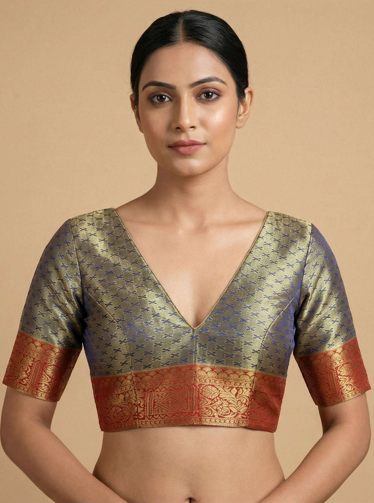 MIMOSA Women's Woven Design Kanjivaram Style Art Silk Saree with Blouse Piece - Navy Blue (SA00002734NVFREE)