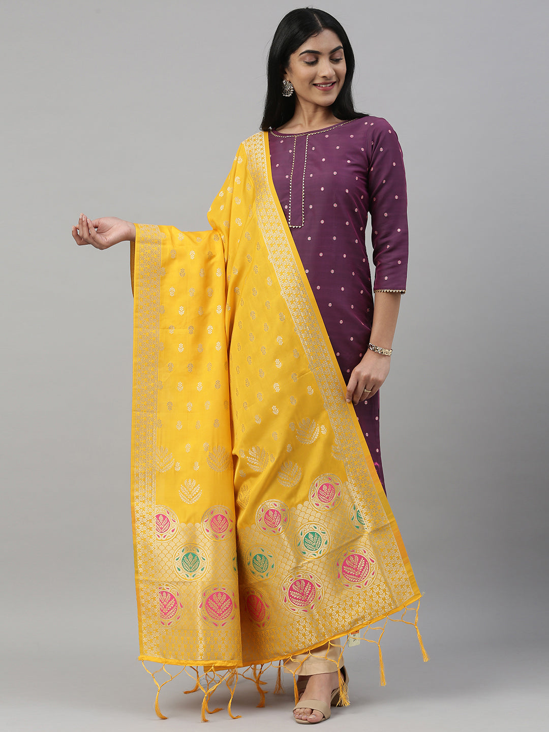 MIMOSA Yellow & Gold-Coloured Woven Design Dupatta