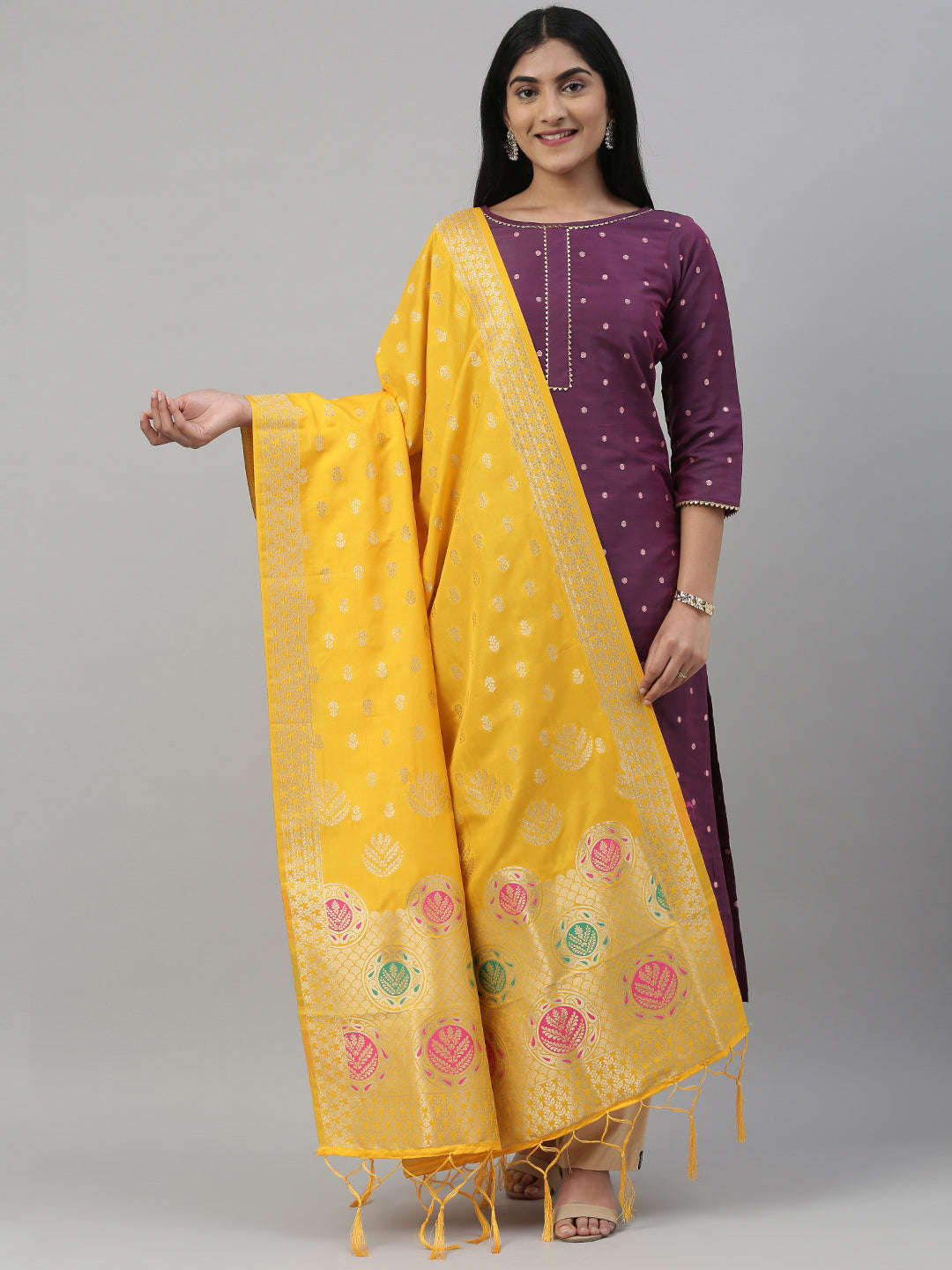 MIMOSA Yellow & Gold-Coloured Woven Design Dupatta