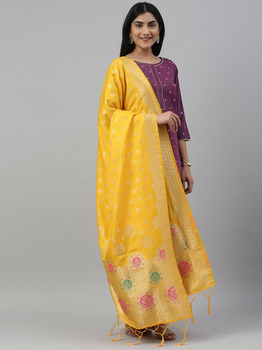 MIMOSA Yellow & Gold-Coloured Woven Design Dupatta