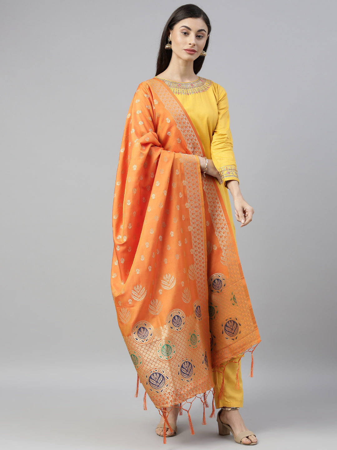 MIMOSA Orange & Gold-Toned Woven Design Dupatta