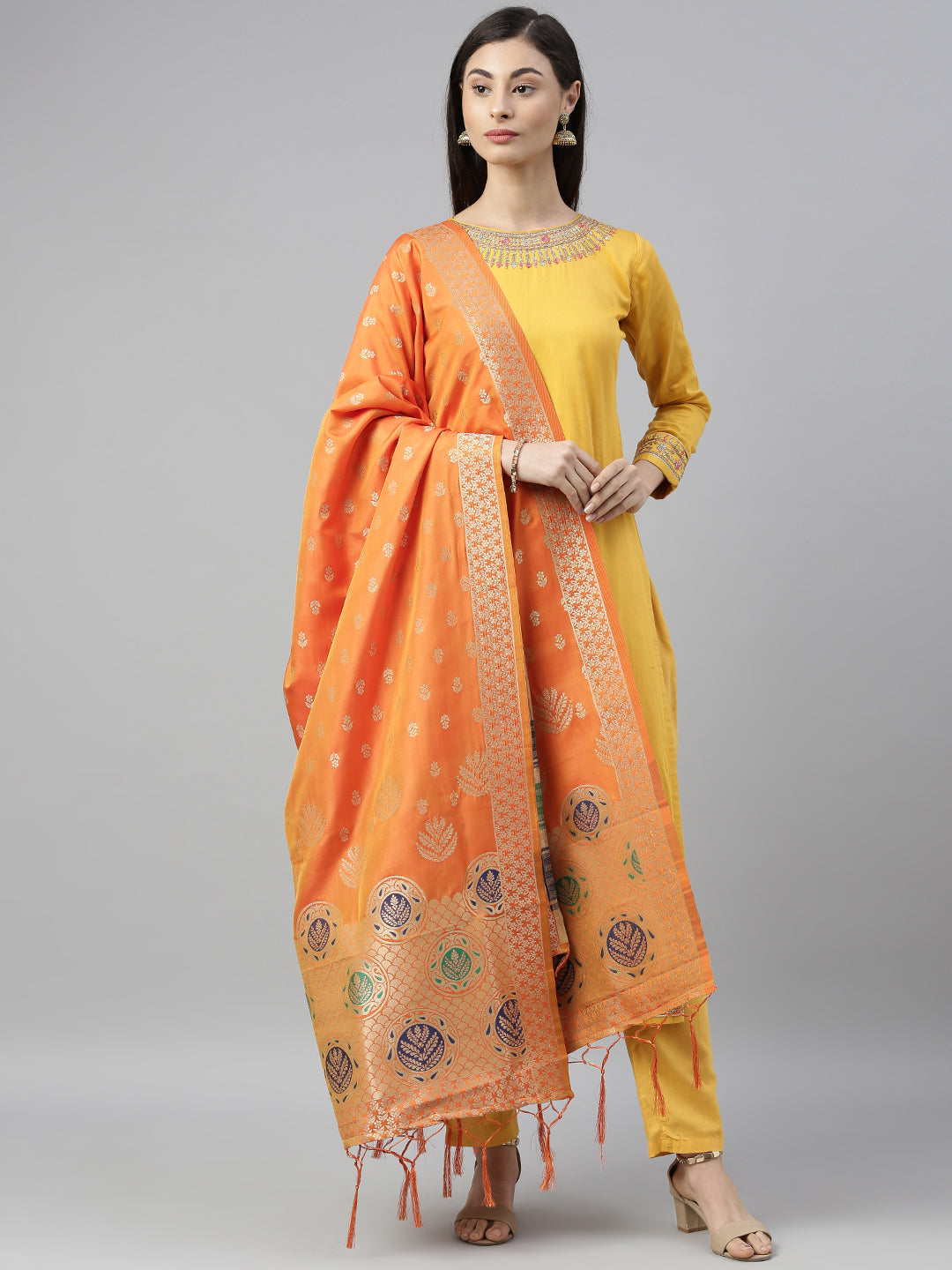 MIMOSA Orange & Gold-Toned Woven Design Dupatta