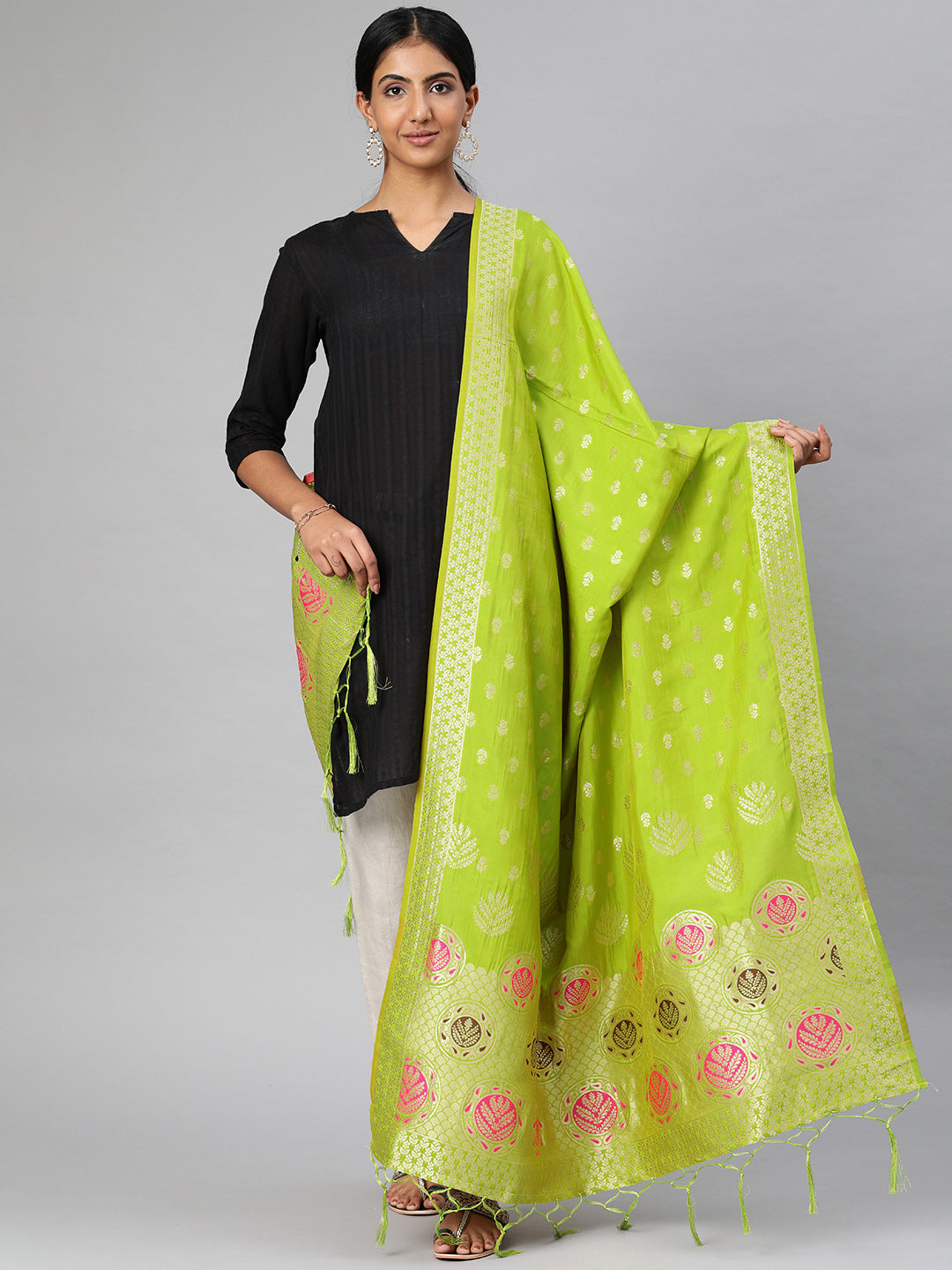 MIMOSA Green & Gold-Toned Woven Design Dupatta