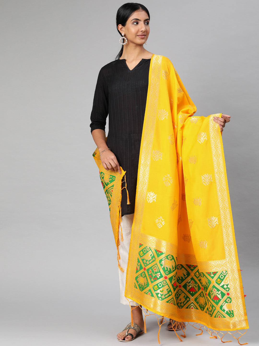 MIMOSA Yellow & Gold-Toned Woven Design Dupatta