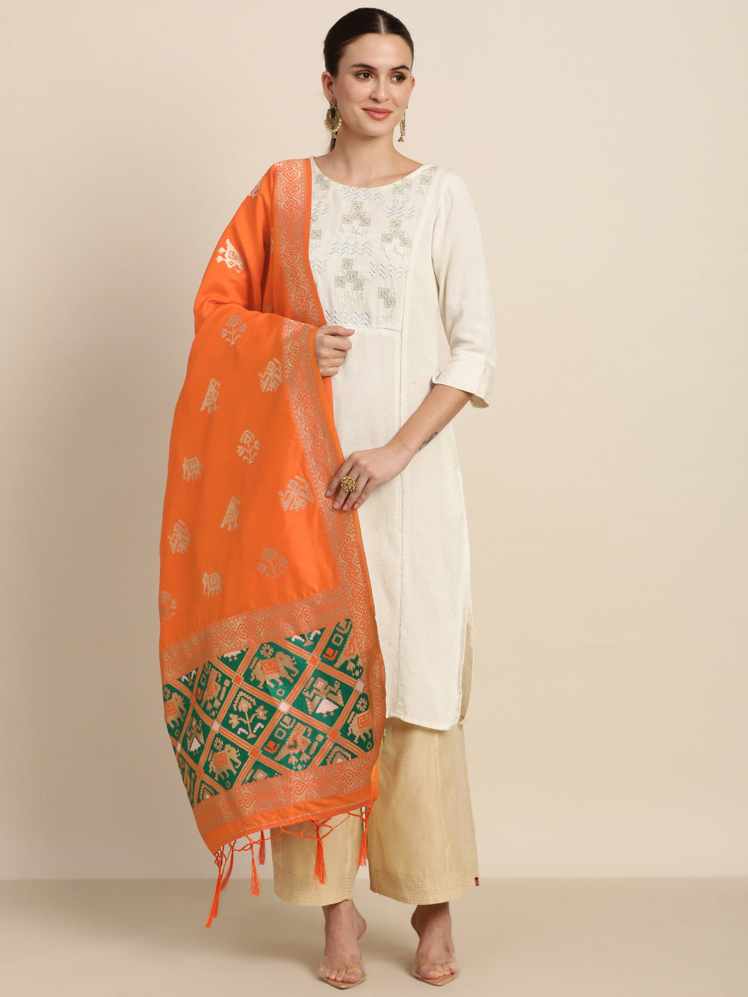 MIMOSA Orange & Green Ethnic Motifs Woven Design Art Silk Dupatta with Zari