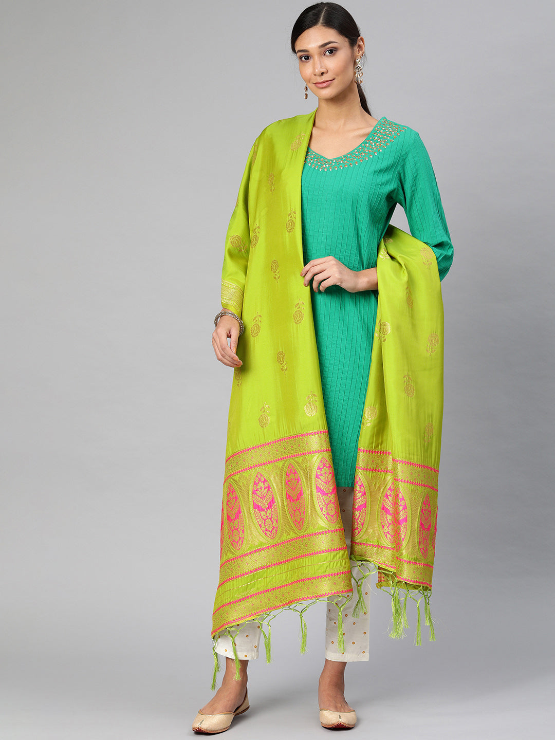 MIMOSA Lime Green & Gold-Toned Woven Design Dupatta